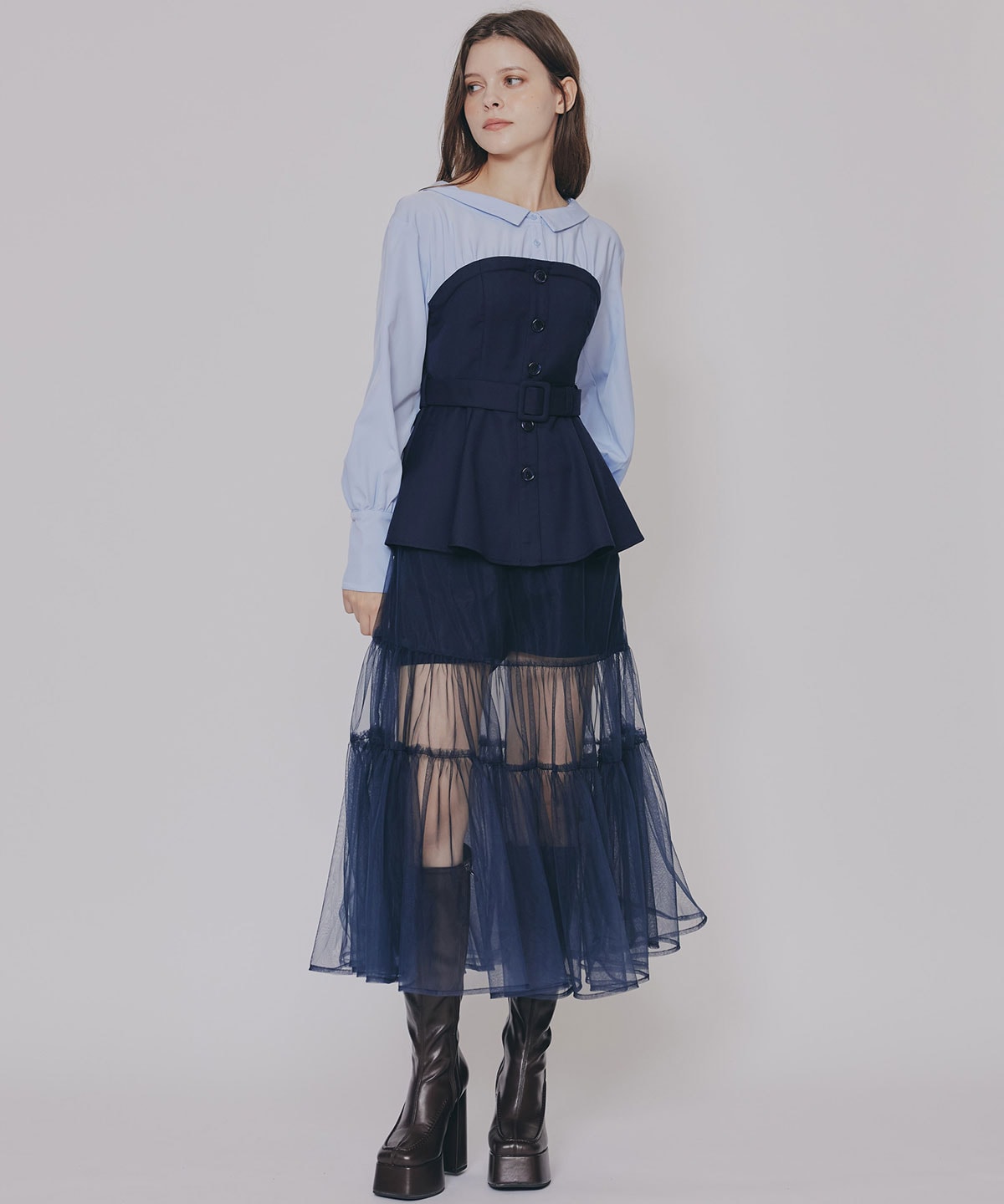 シャツドッキングチュールワンピース&ショートパンツセットアップ