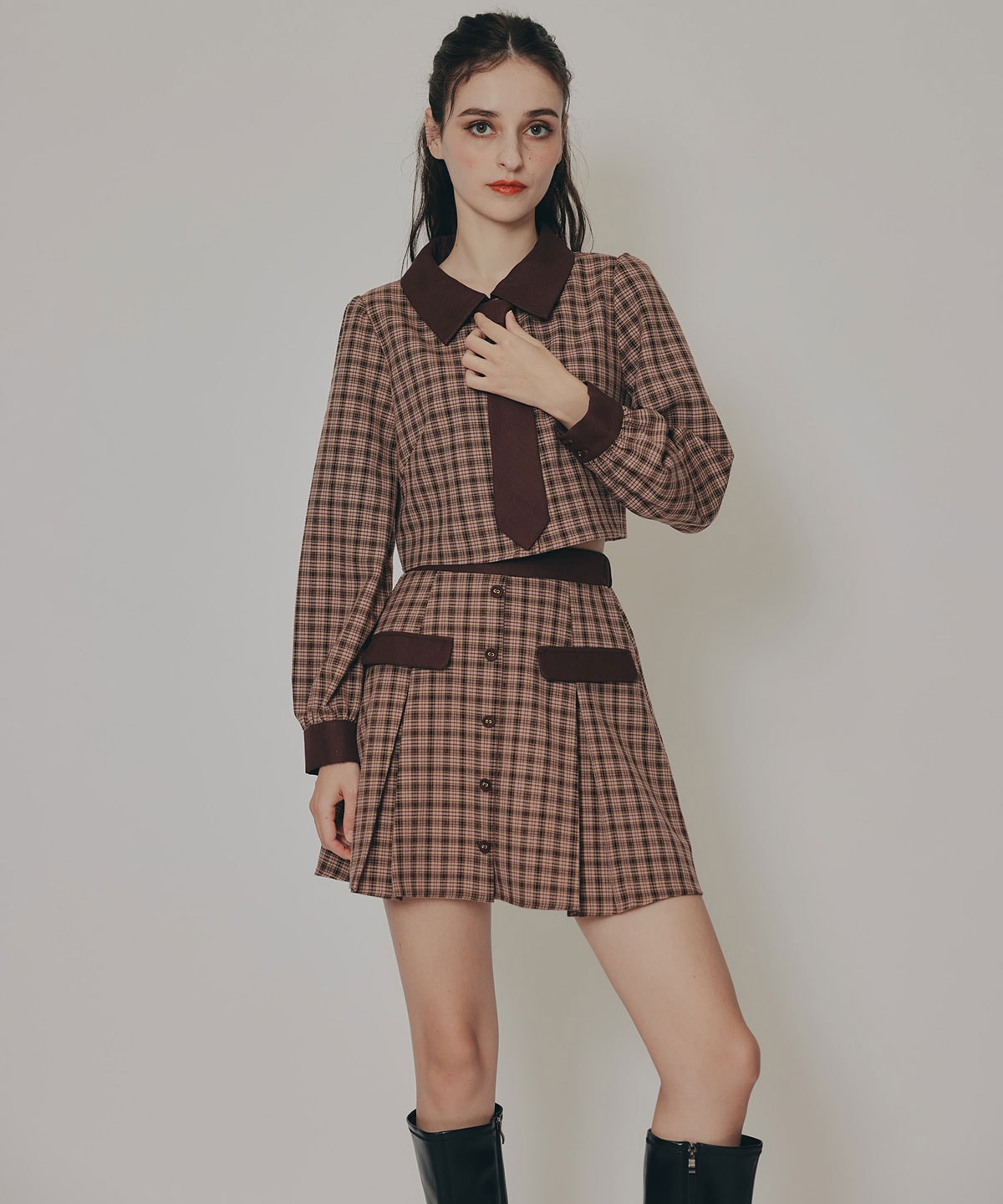 バイカラークラシックチェックブラウス×ミニスカートセットアップ