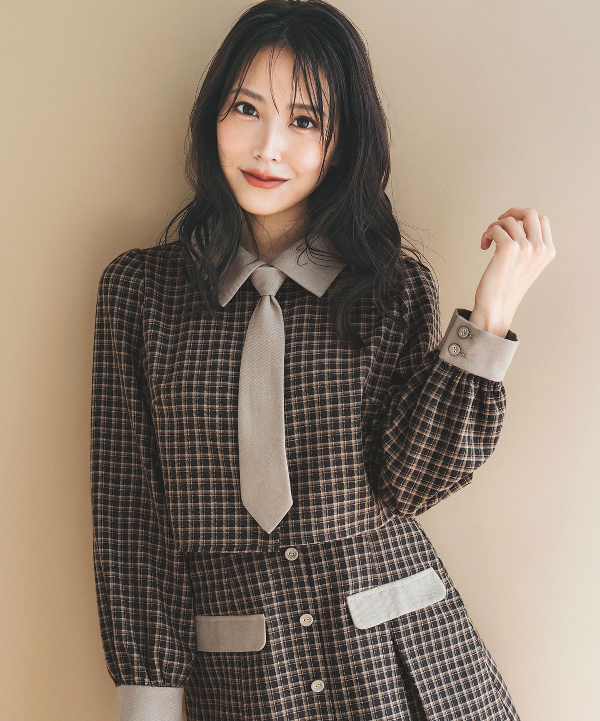 バイカラークラシックチェックブラウス×ミニスカートセットアップ