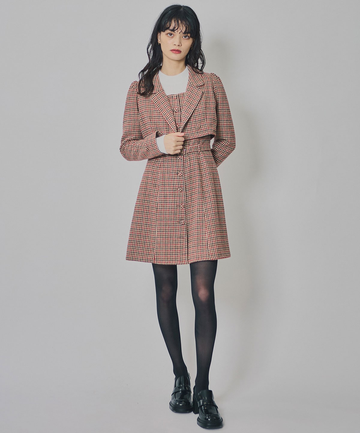 ハウンドトゥースショートジャケット×ミニワンピース