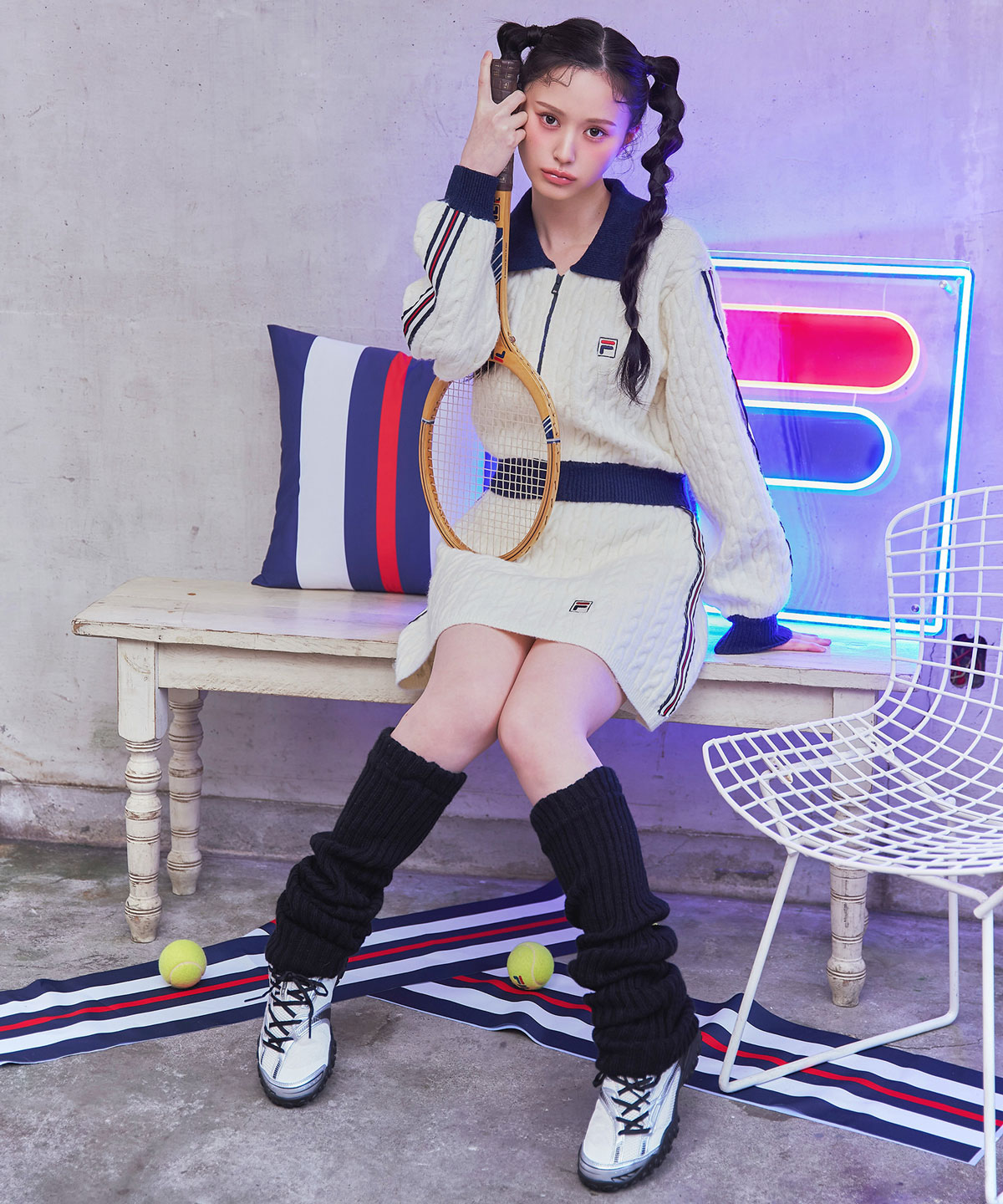 ［FILA×REDYAZEL］ケーブルニットトリコロールラインジャケット×タイトミニスカートセットアップ