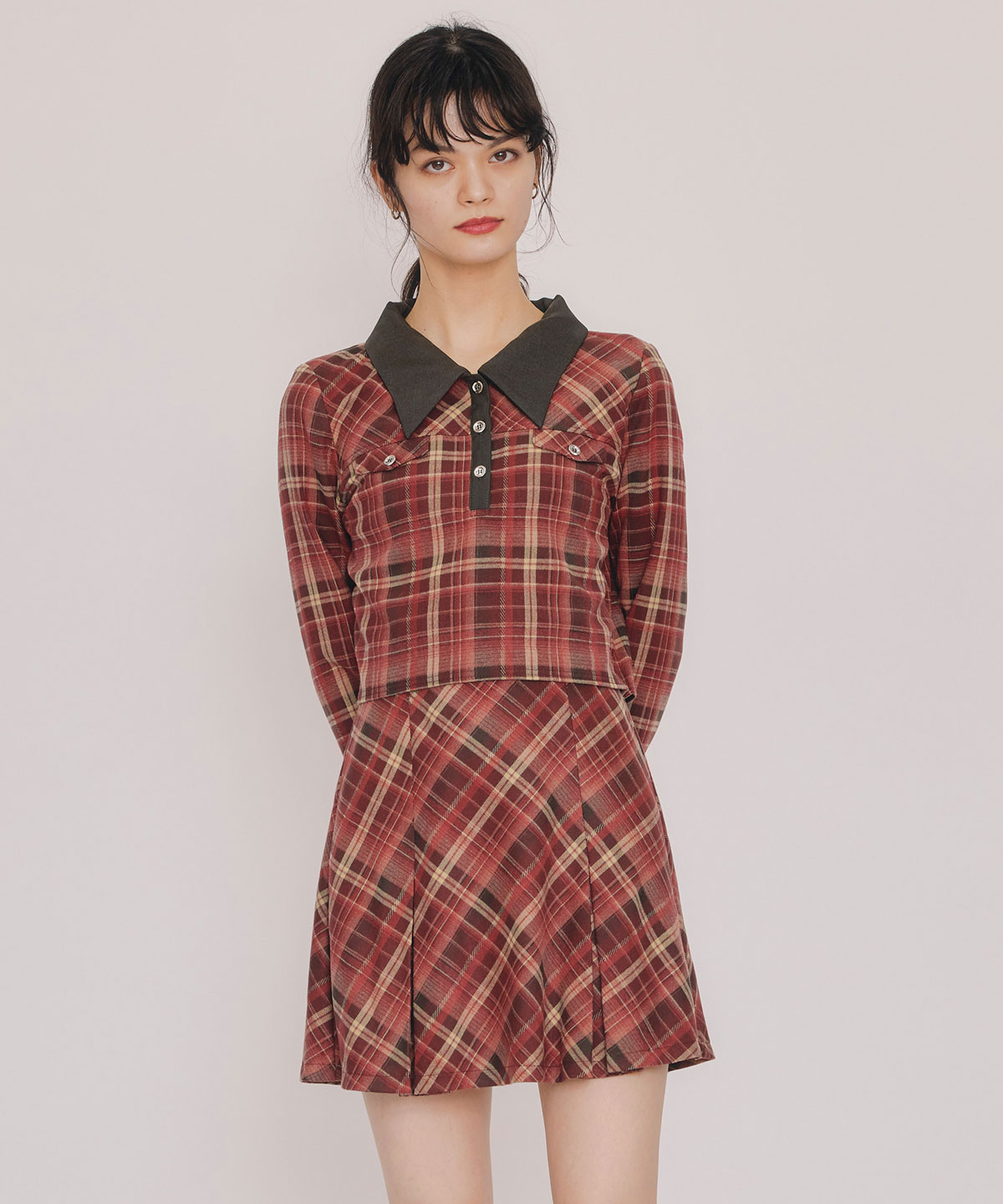 バイアスチェックショートブラウス×プリーツミニスカートセットアップ