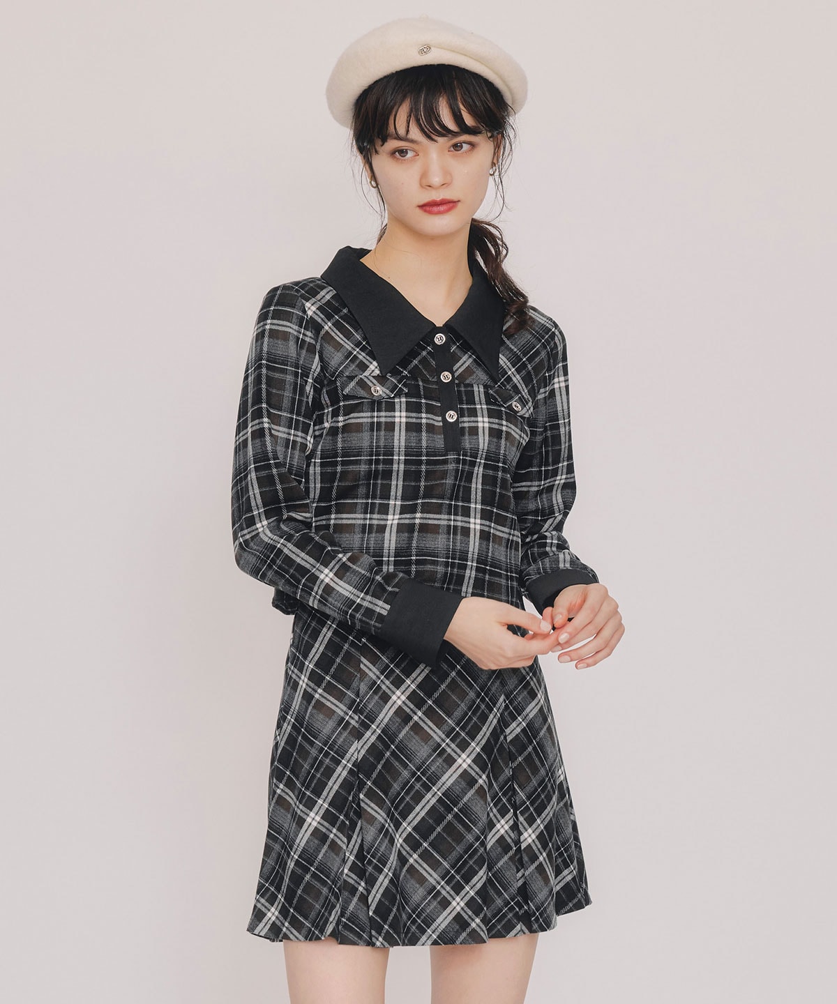 バイアスチェックショートブラウス×プリーツミニスカートセットアップ