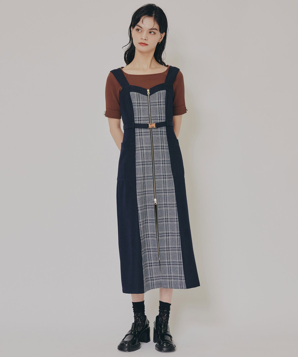 フロントジップバイカラーチェックワンピース