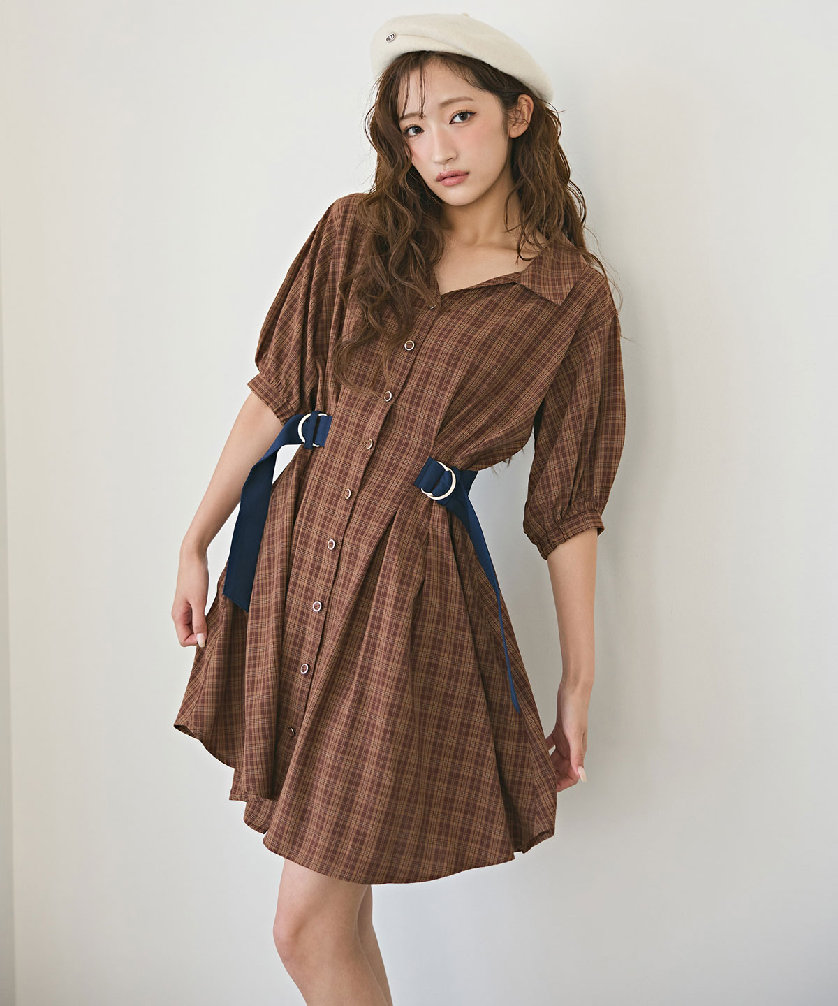 チェックバイカラーウエストベルトシャツワンピース