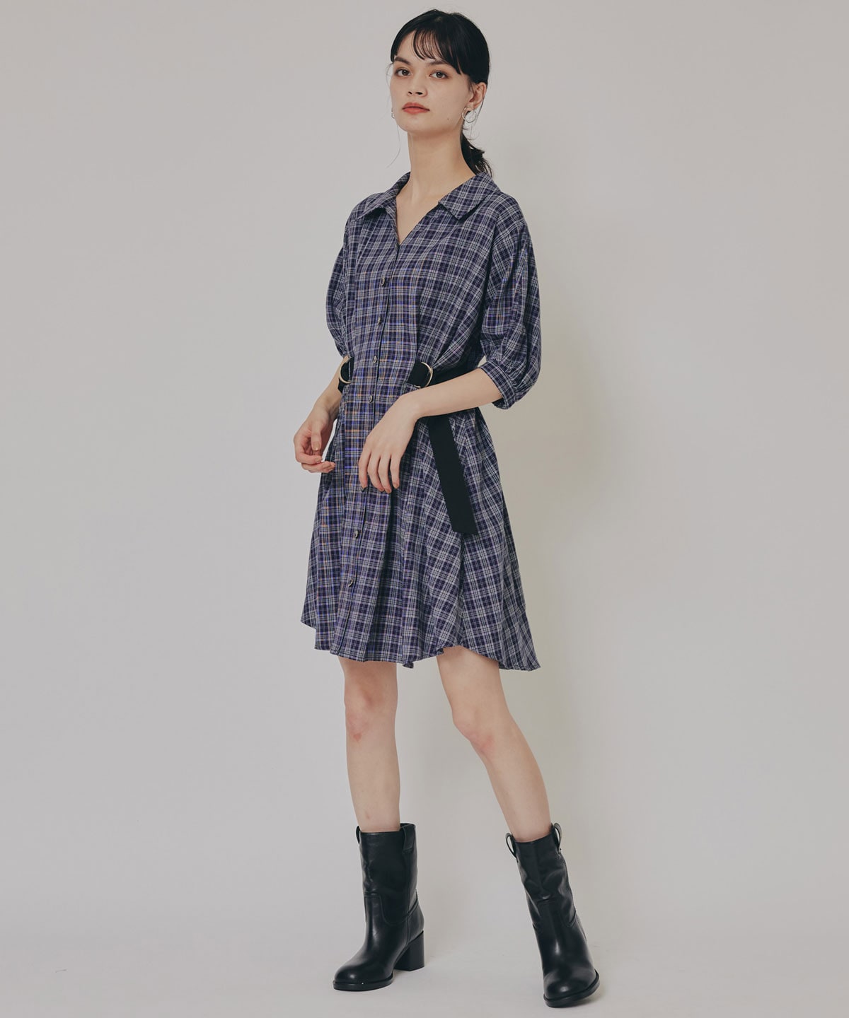 チェックバイカラーウエストベルトシャツワンピース