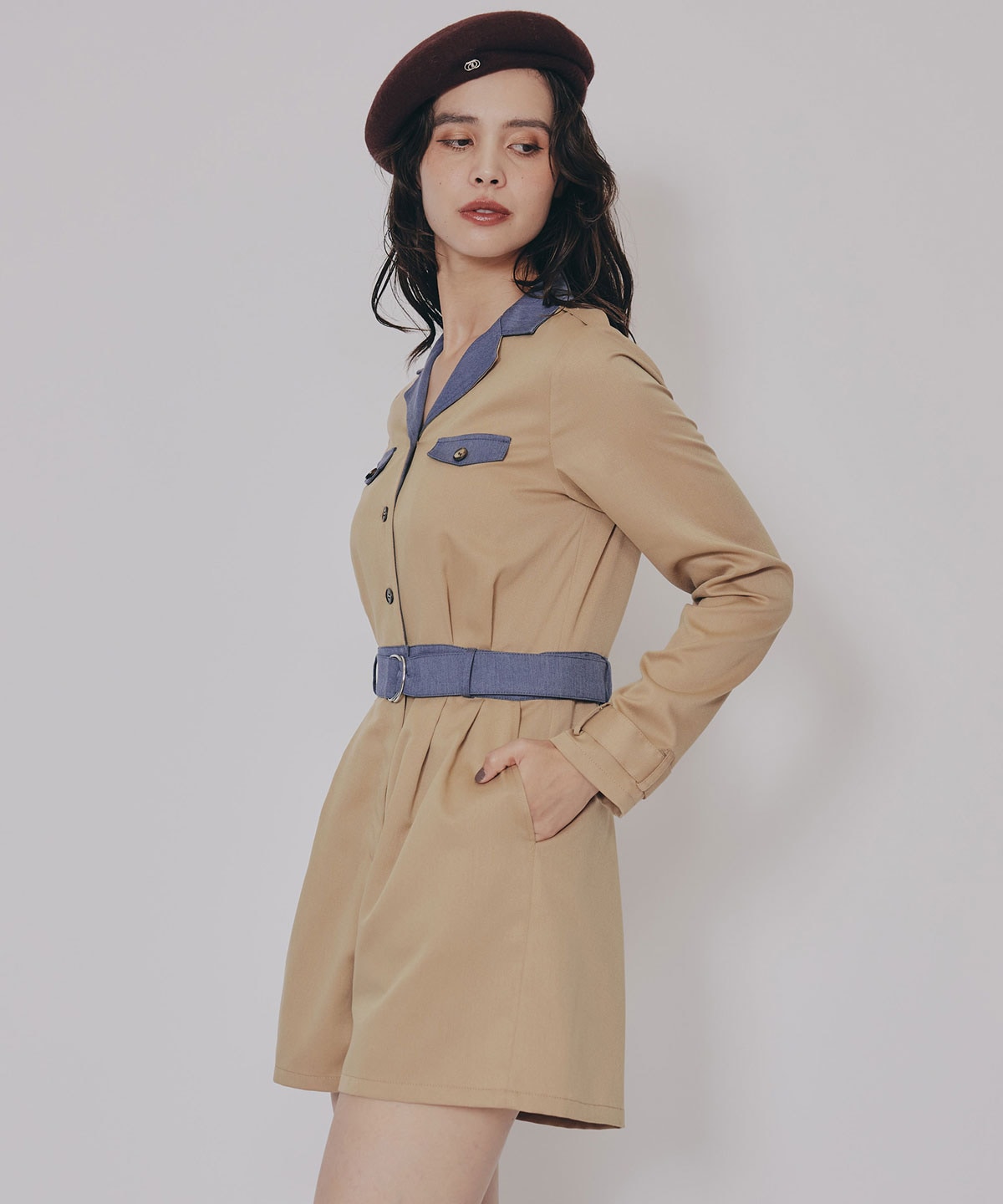 バイカラーベルトショートオールインワン