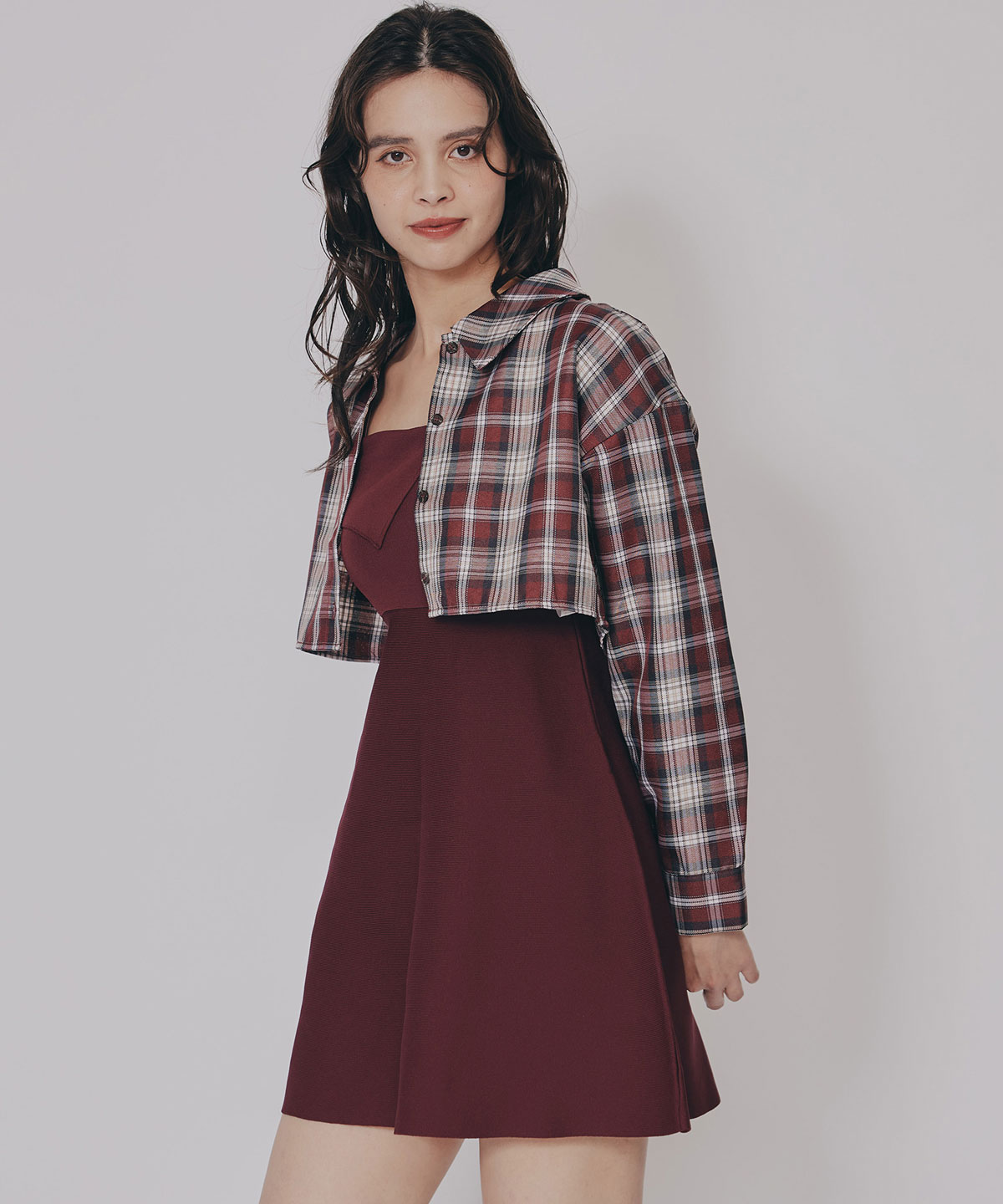 チェックショートシャツ×ニットミニワンピース
