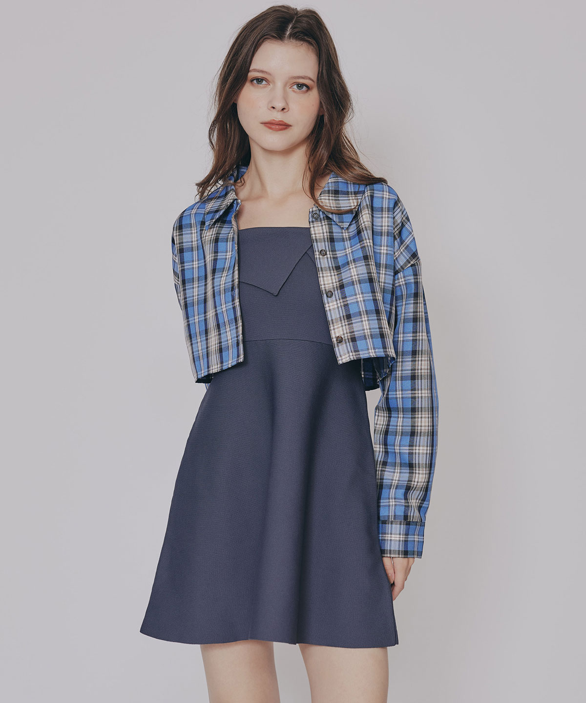 チェックショートシャツ×ニットミニワンピース