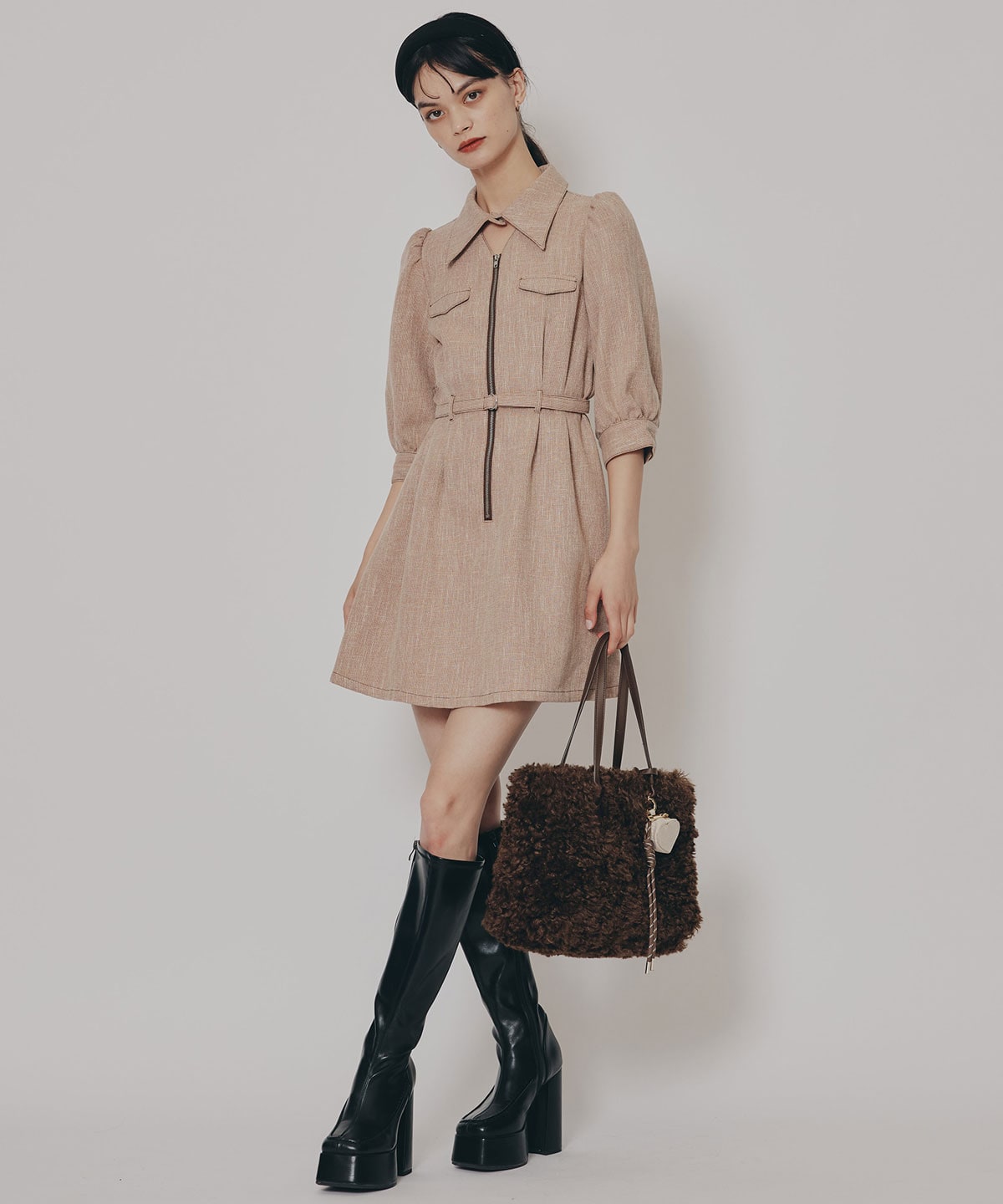 カラーミックスフロントZIPワンピース(S キャメル): REDYAZEL