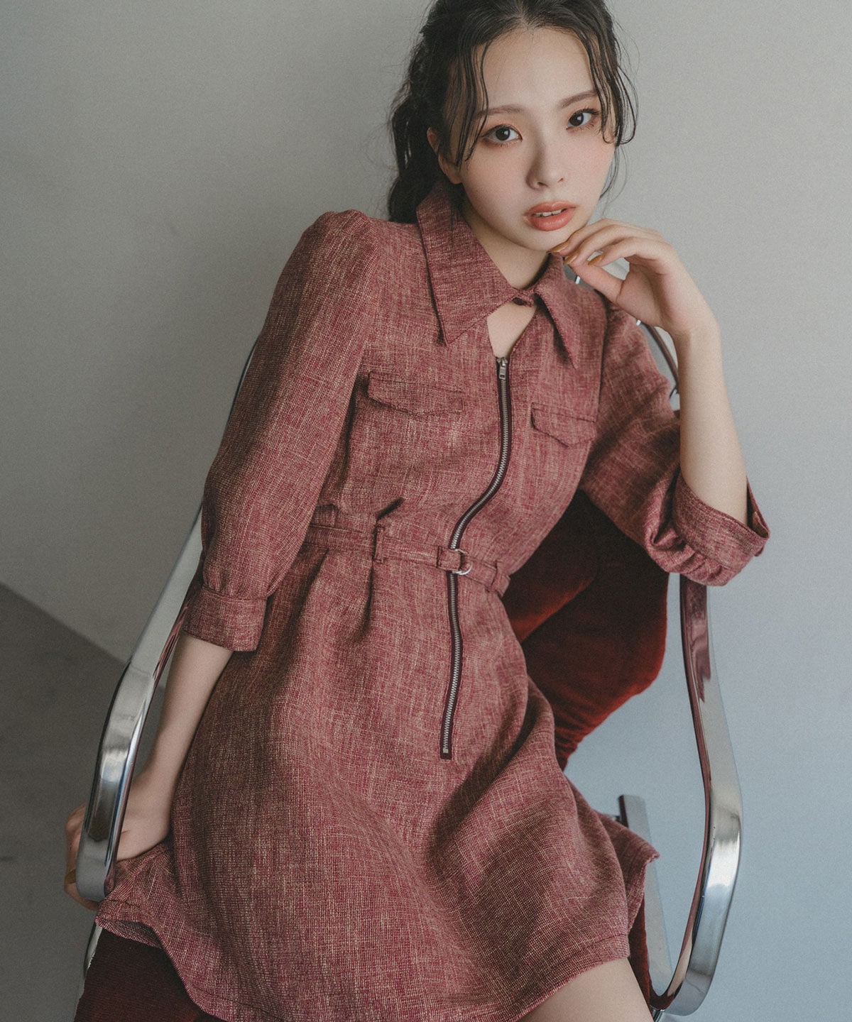 カラーミックスフロントZIPワンピース