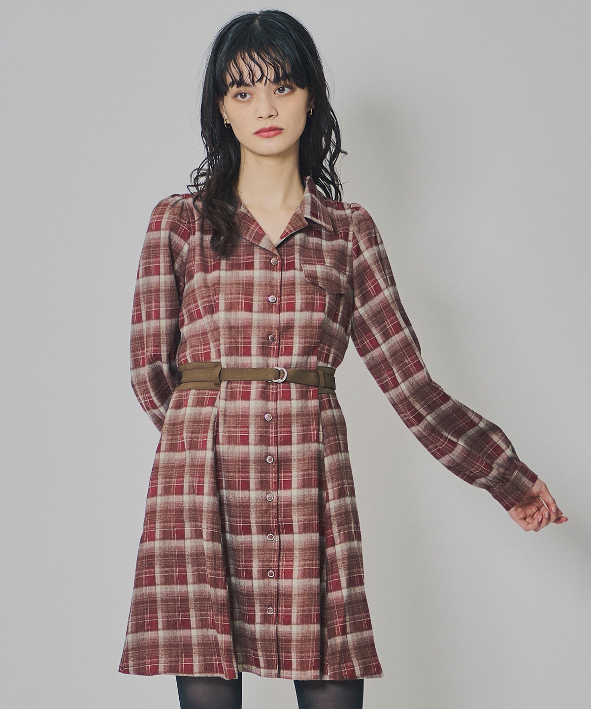 ウエストベルトチェックミニワンピース