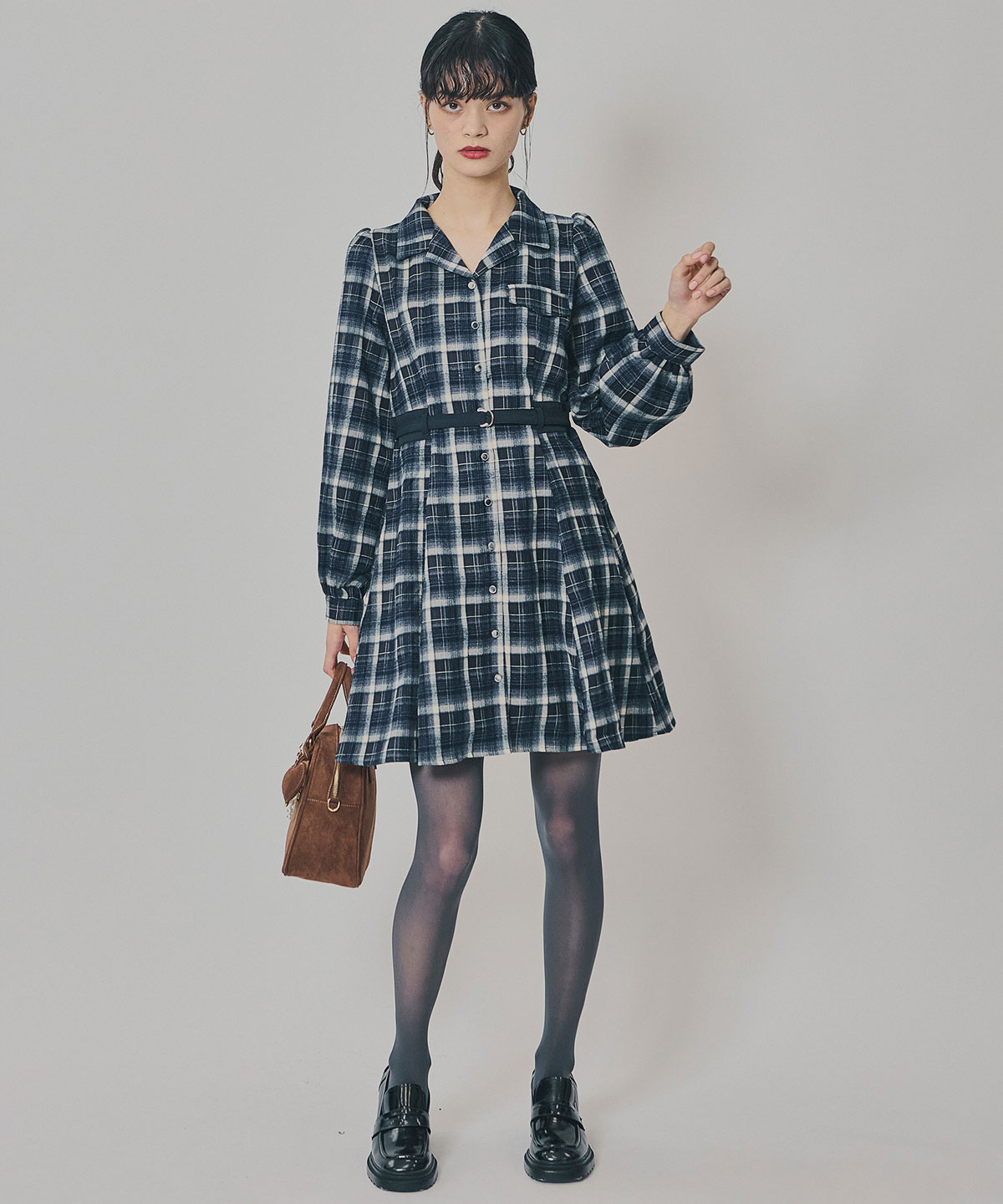ウエストベルトチェックミニワンピース