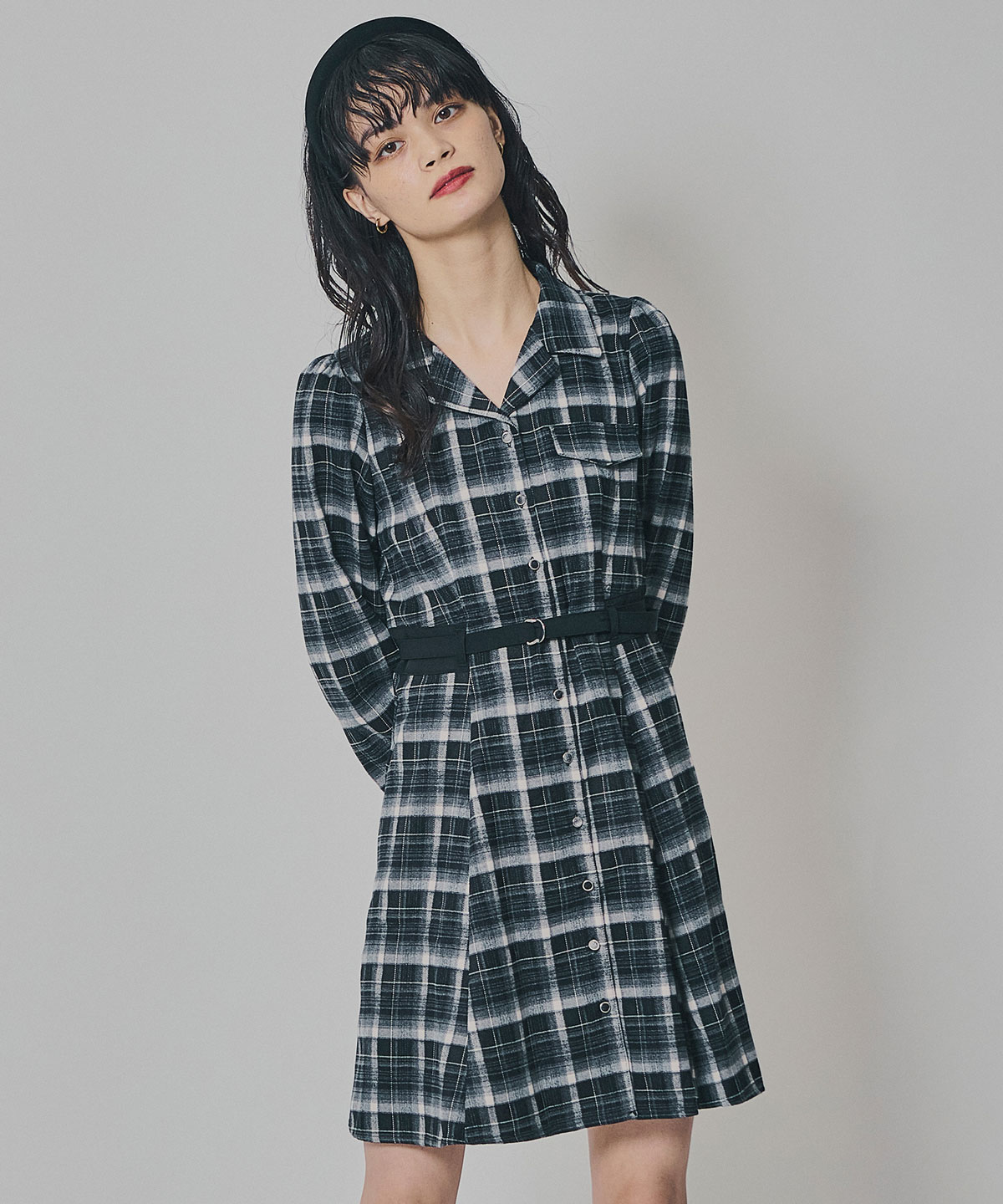 ウエストベルトチェックミニワンピース