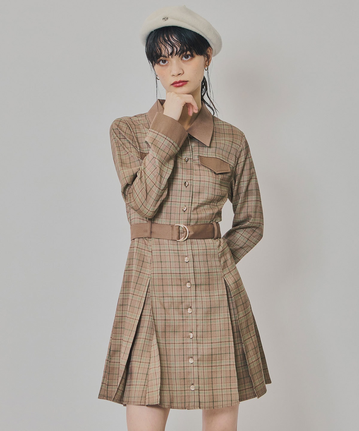 バイカラーチェックボックスプリーツシャツミニワンピース