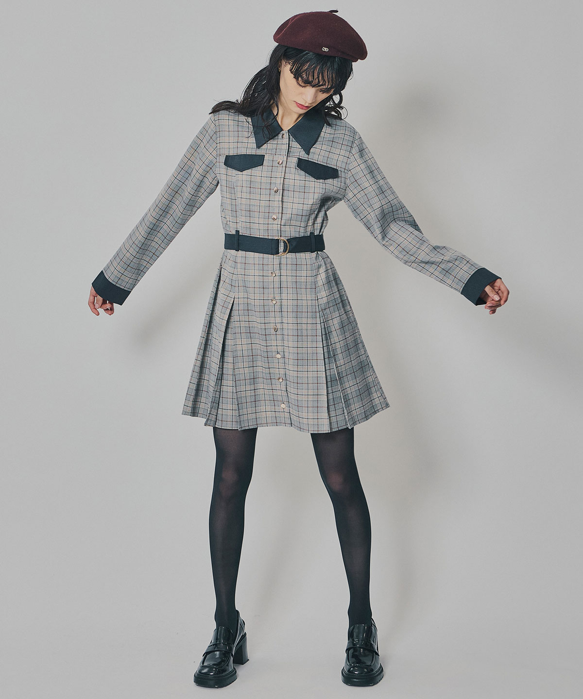 バイカラーチェックボックスプリーツシャツミニワンピース