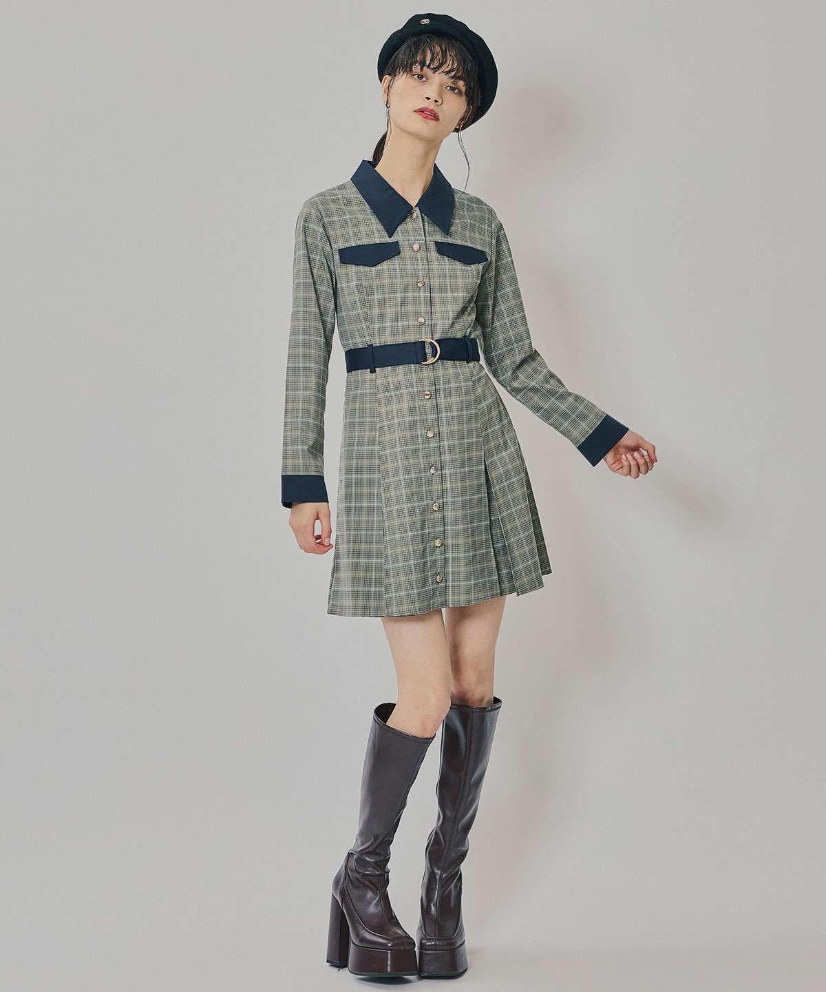 バイカラーチェックボックスプリーツシャツミニワンピース