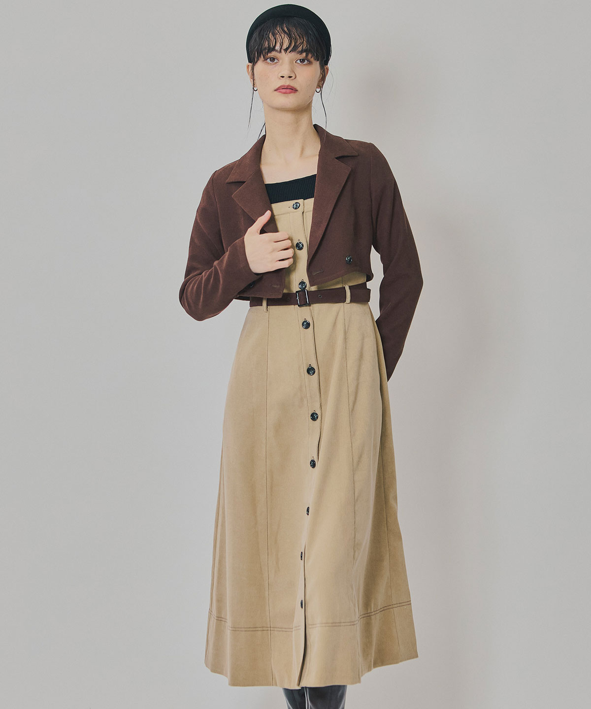 スエードライクショートジャケット×バイカラーワンピースセットアップ