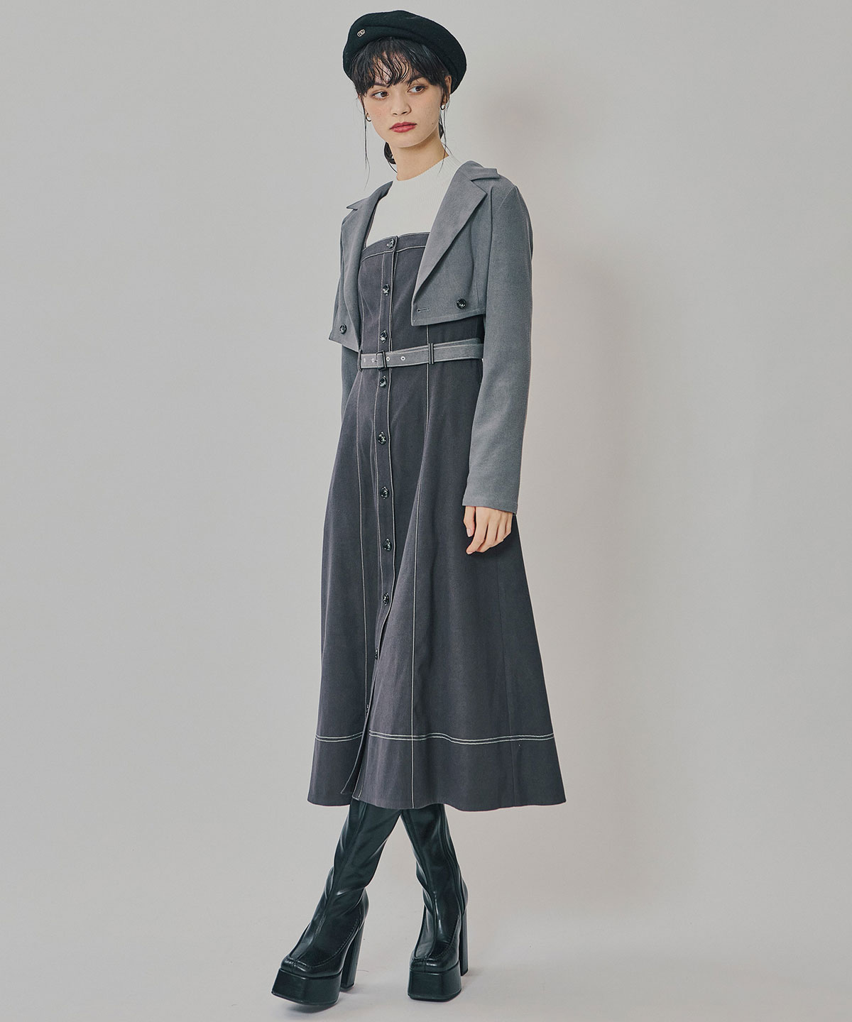 スエードライクショートジャケット×バイカラーワンピースセットアップ