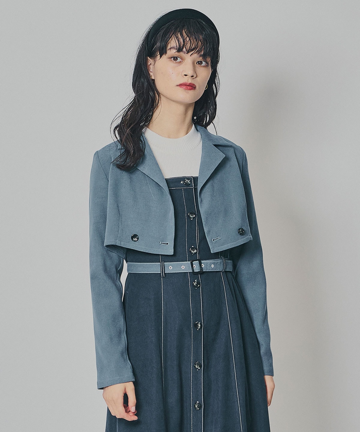 スエードライクショートジャケット×バイカラーワンピースセットアップ