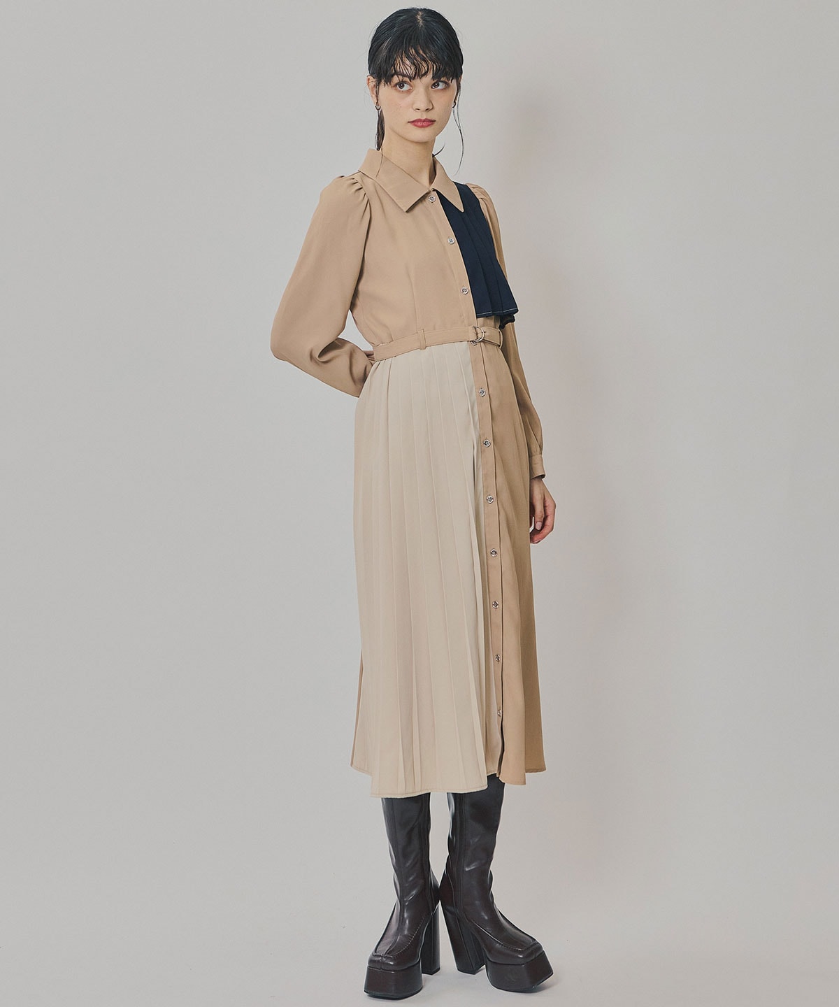 カラーブロックパネルアシメプリーツワンピース