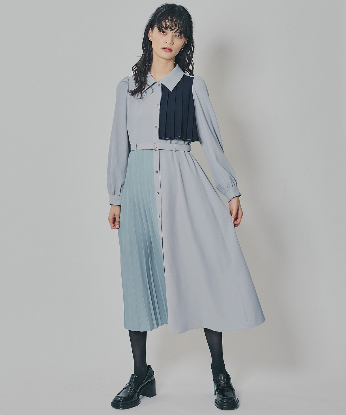 カラーブロックパネルアシメプリーツワンピース