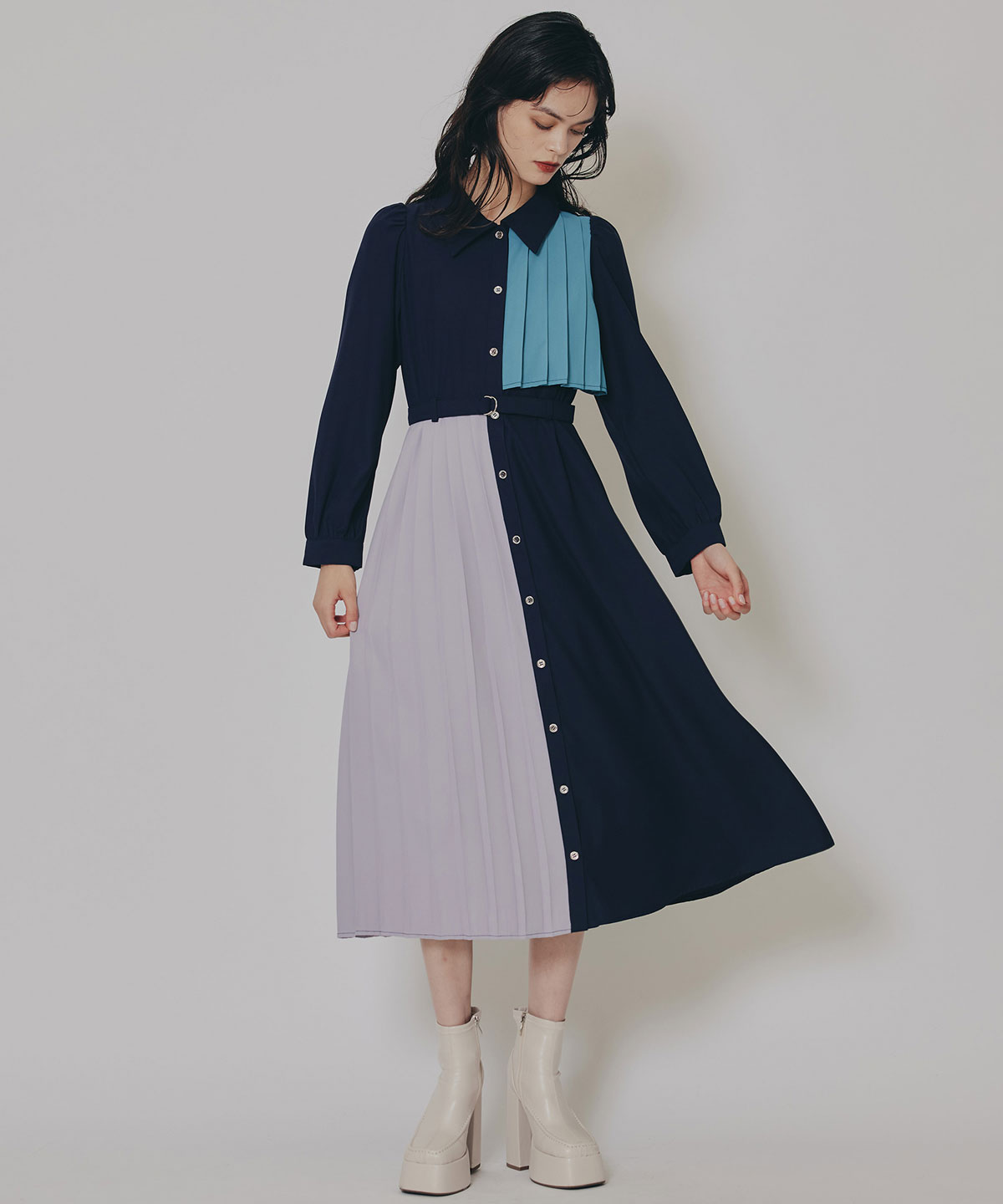 カラーブロックパネルアシメプリーツワンピース