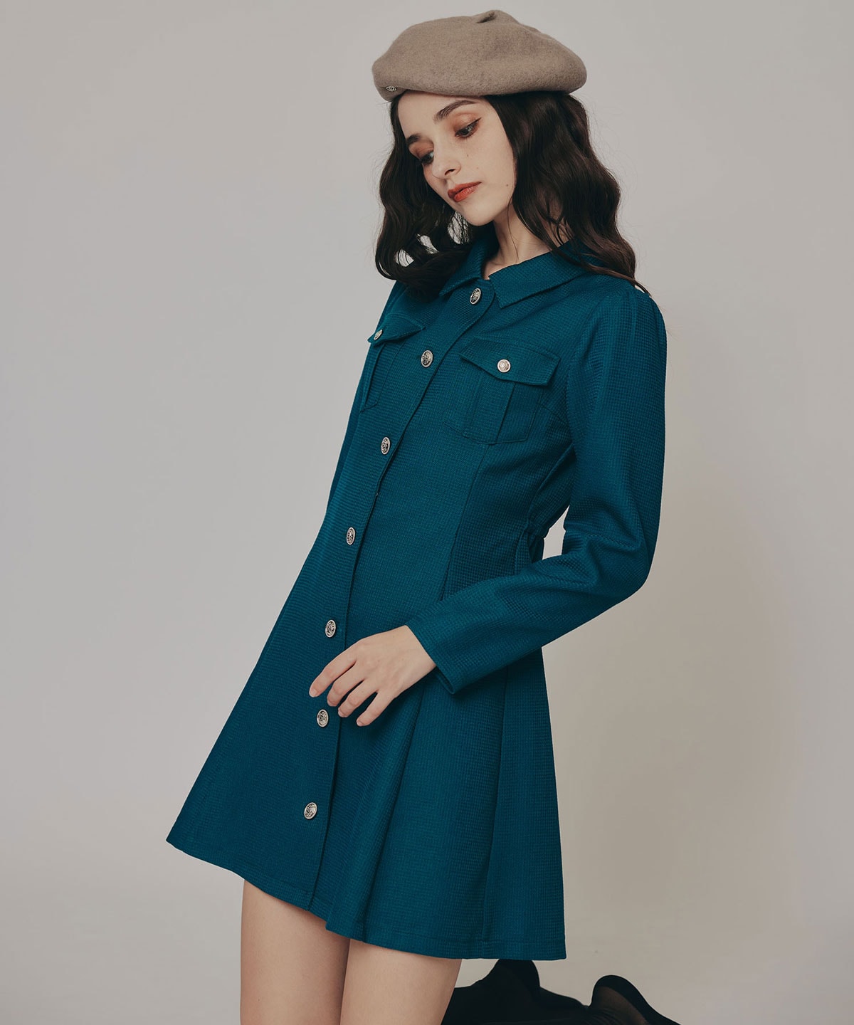 エンブレムボタンマイクロワッフルシャツワンピース