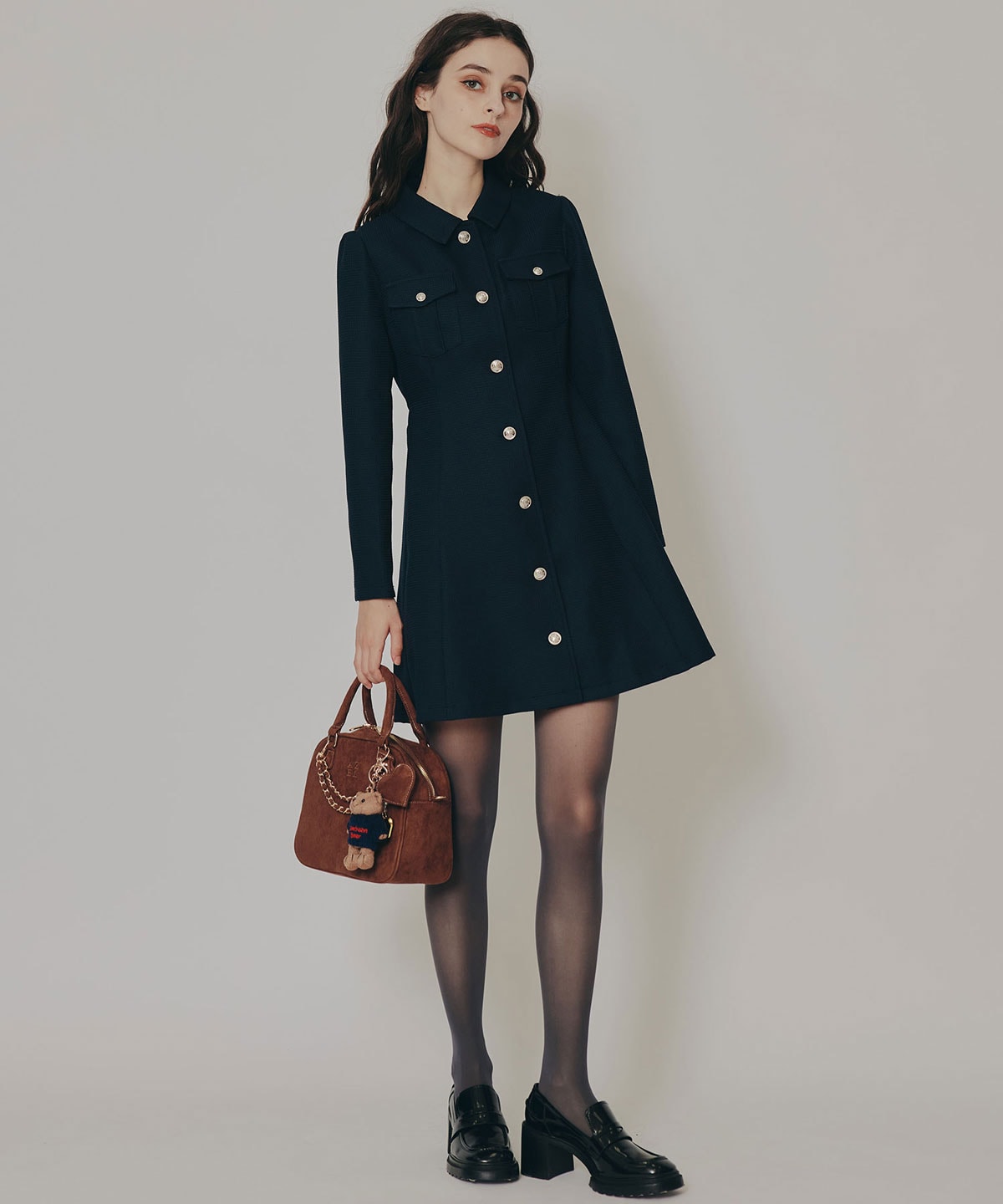 エンブレムボタンマイクロワッフルシャツワンピース