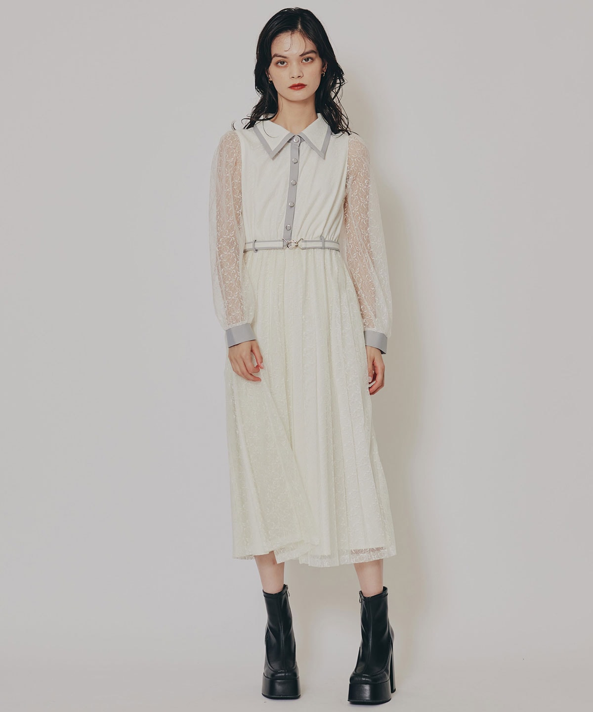 バイカラーレースプリーツロングスリーブワンピース