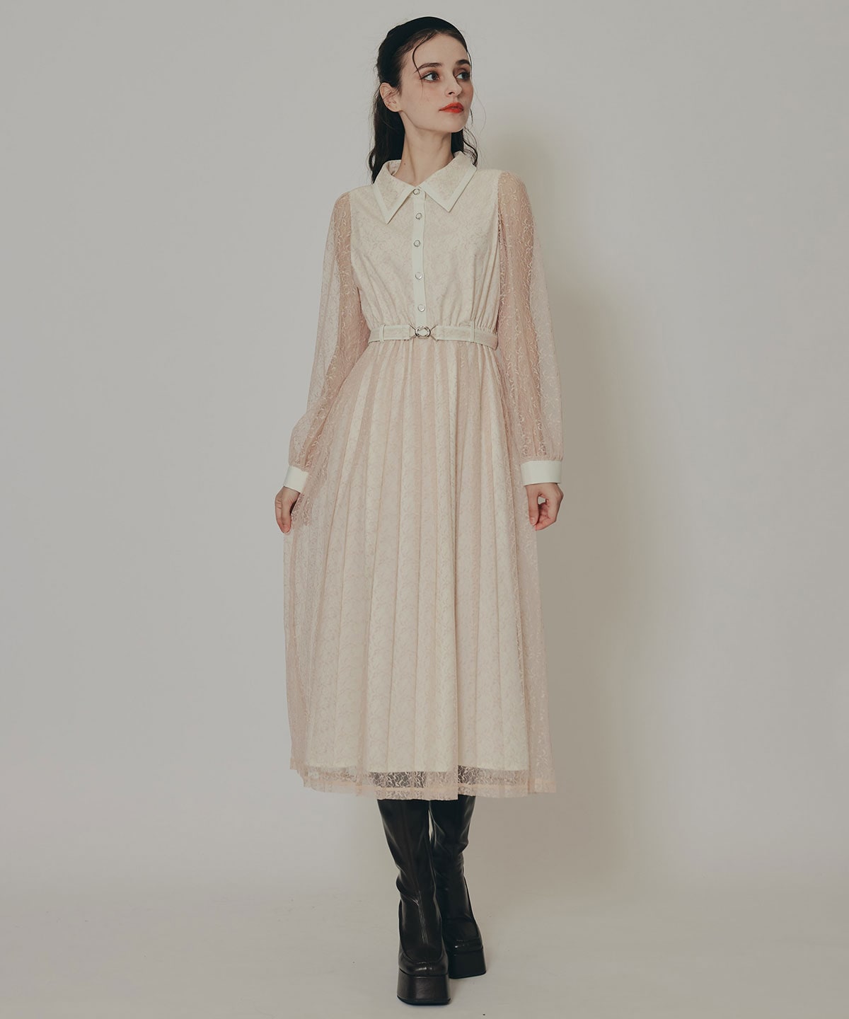 バイカラーレースプリーツロングスリーブワンピース