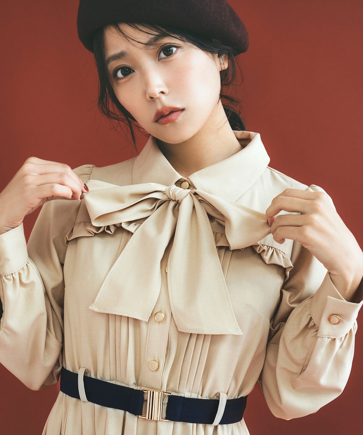 プリーツボウタイシャツロングワンピース