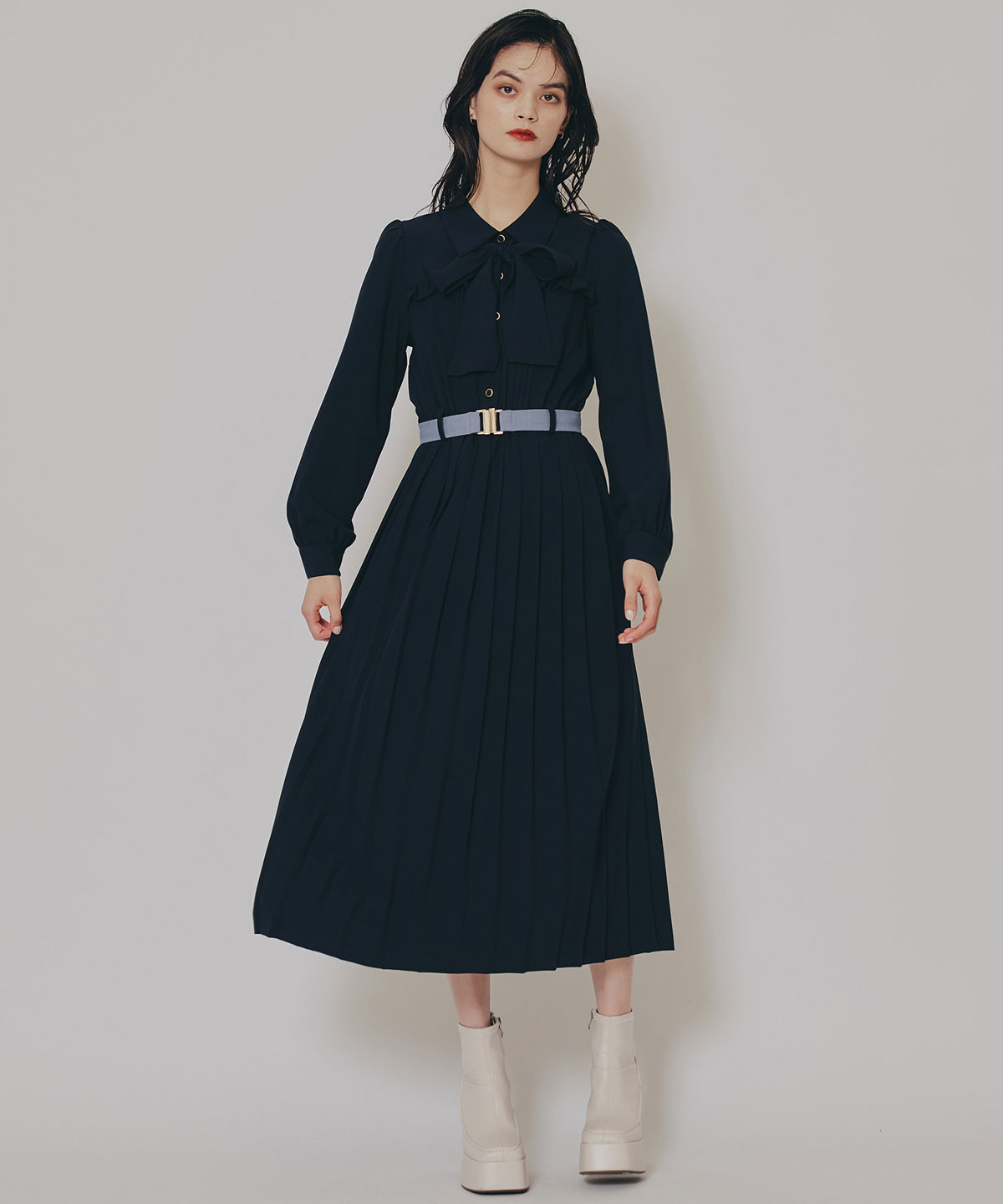 プリーツボウタイシャツロングワンピース