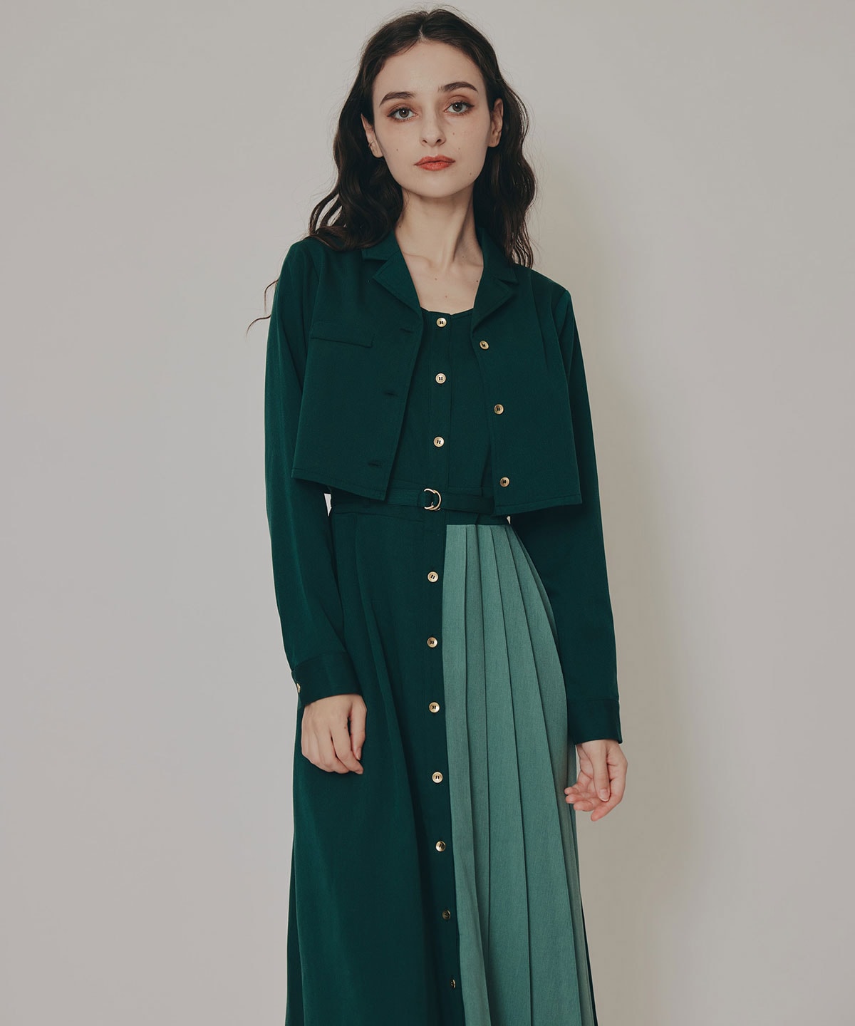 バイカラーアシメプリーツロングスリーブシャツワンピース