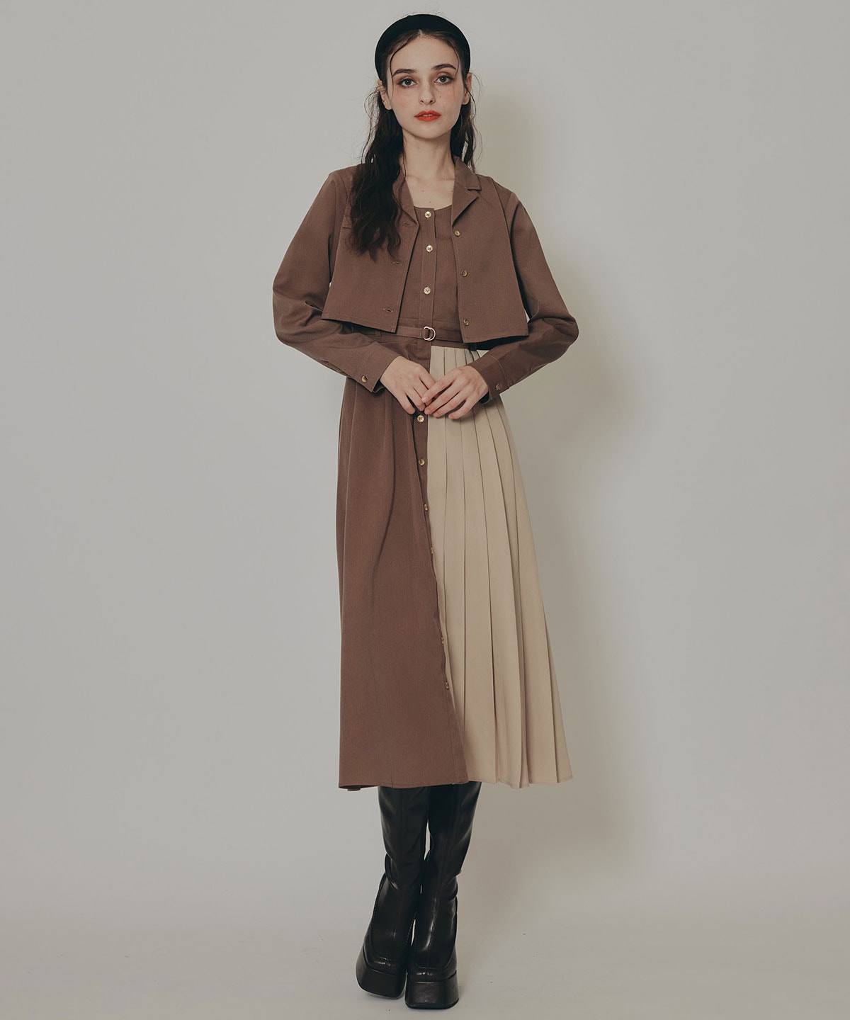 バイカラーアシメプリーツロングスリーブシャツワンピース