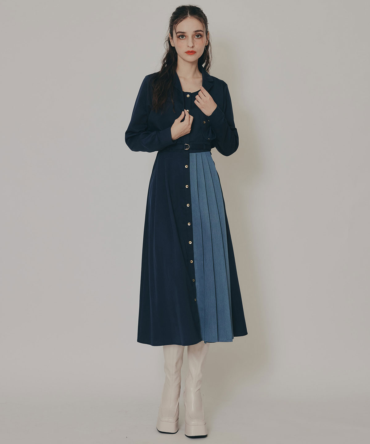 バイカラーアシメプリーツロングスリーブシャツワンピース