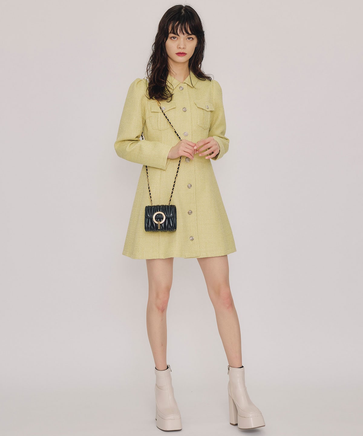 エンブレムボタンツイードシャツミニワンピース