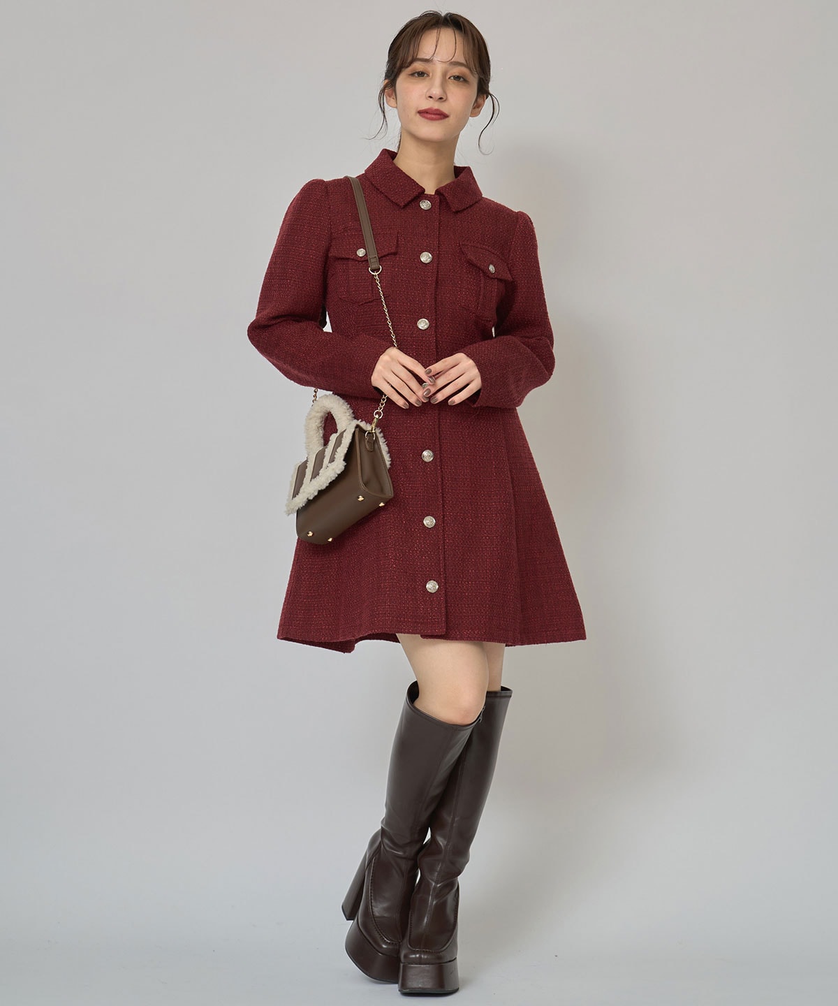 エンブレムボタンツイードシャツミニワンピース