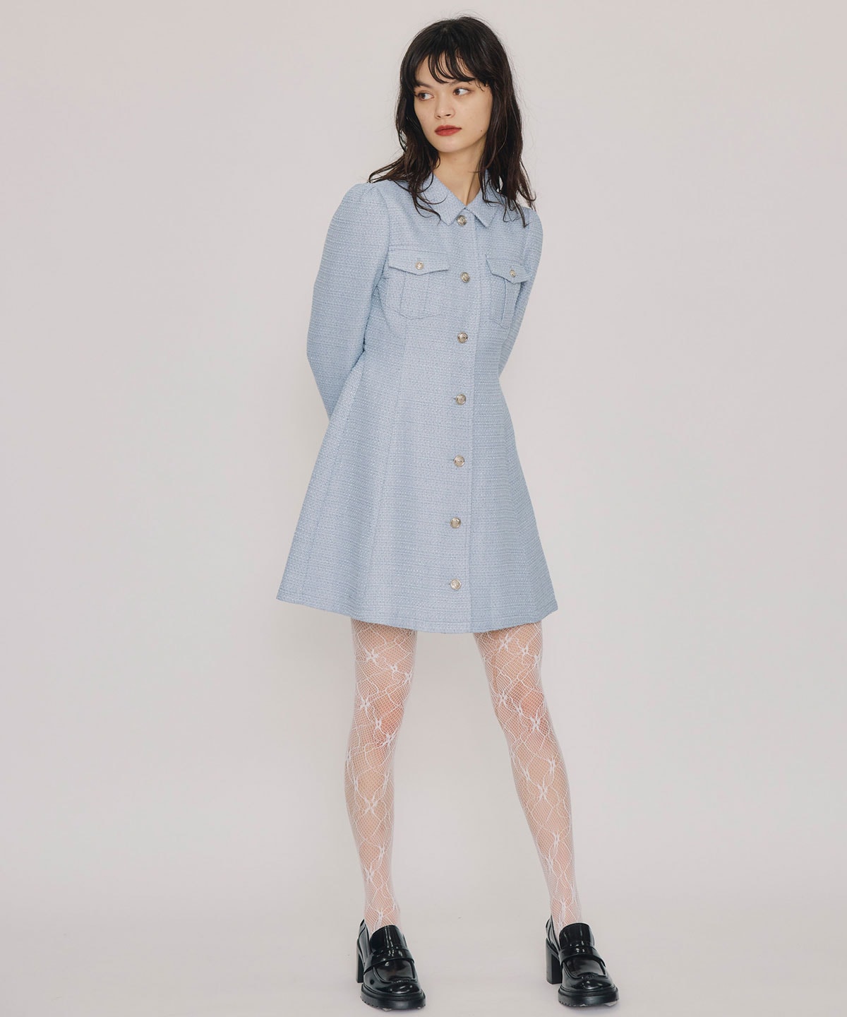 エンブレムボタンツイードシャツミニワンピース