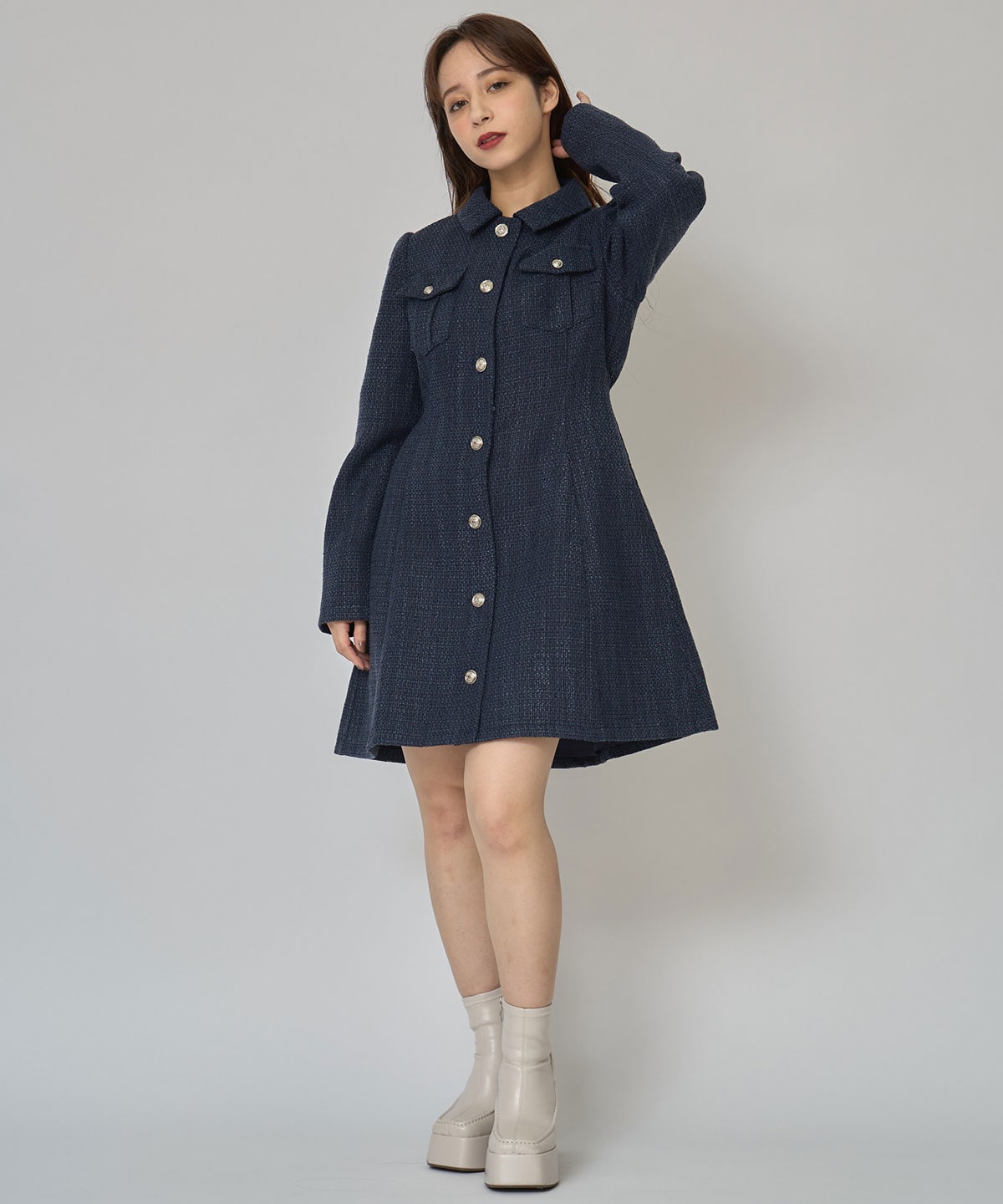 エンブレムボタンツイードシャツミニワンピース