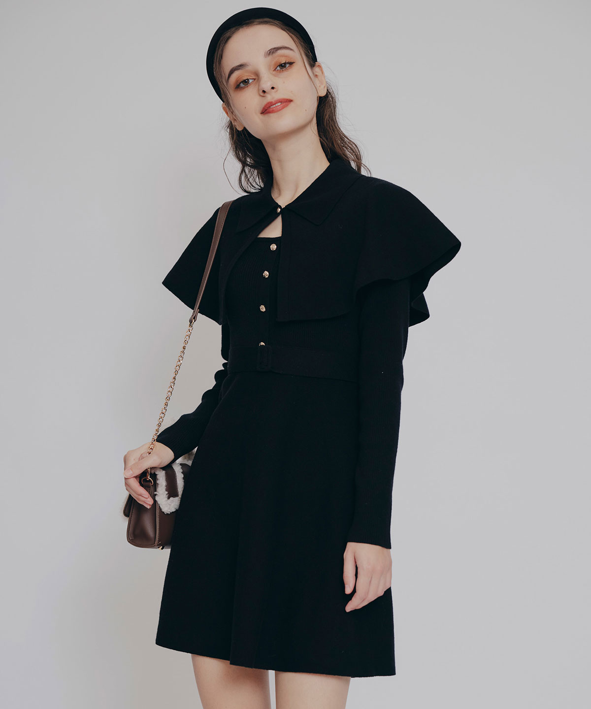 ケープSETニットフレアミニワンピース