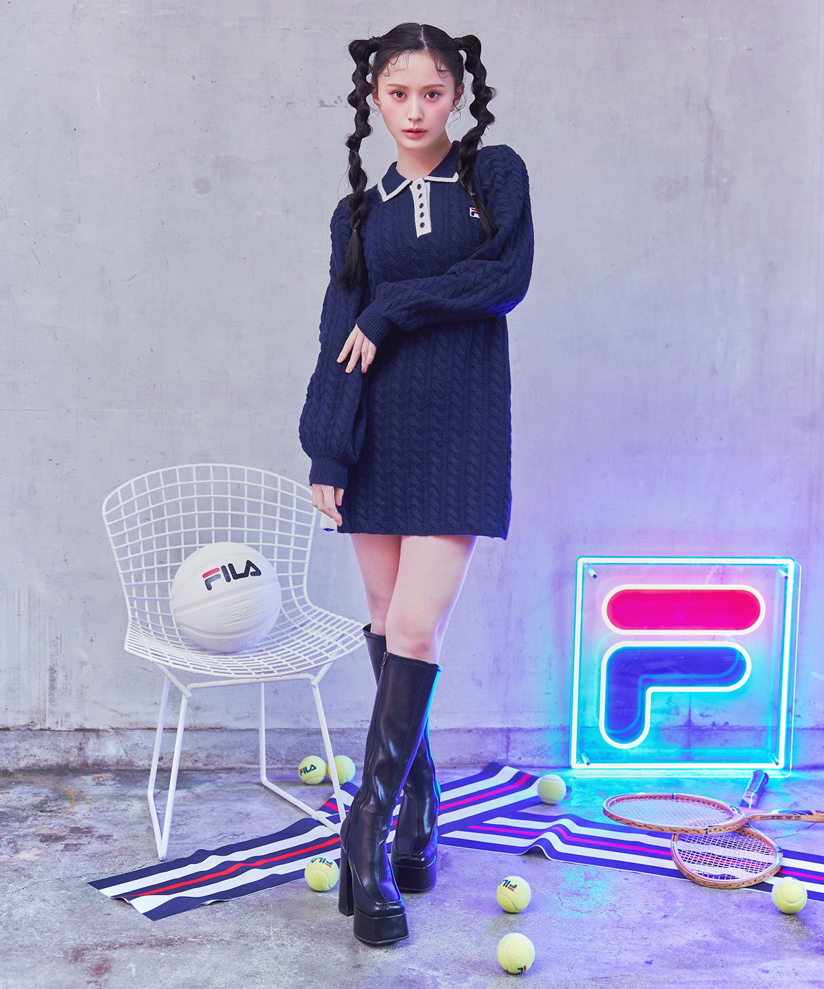 ［FILA×REDYAZEL］ケーブルニットポロミニワンピース