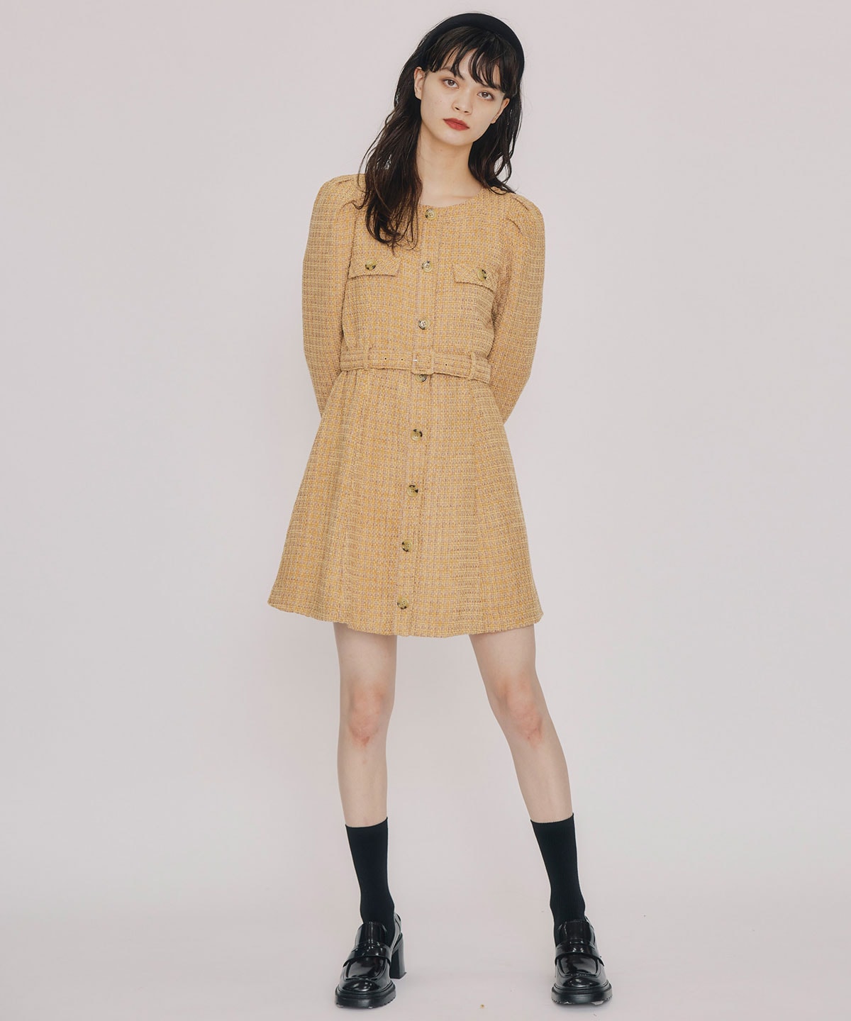 MIXツイードパフスリーブミニワンピース
