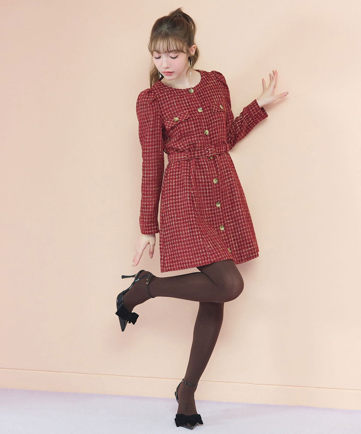 MIXツイードパフスリーブミニワンピース