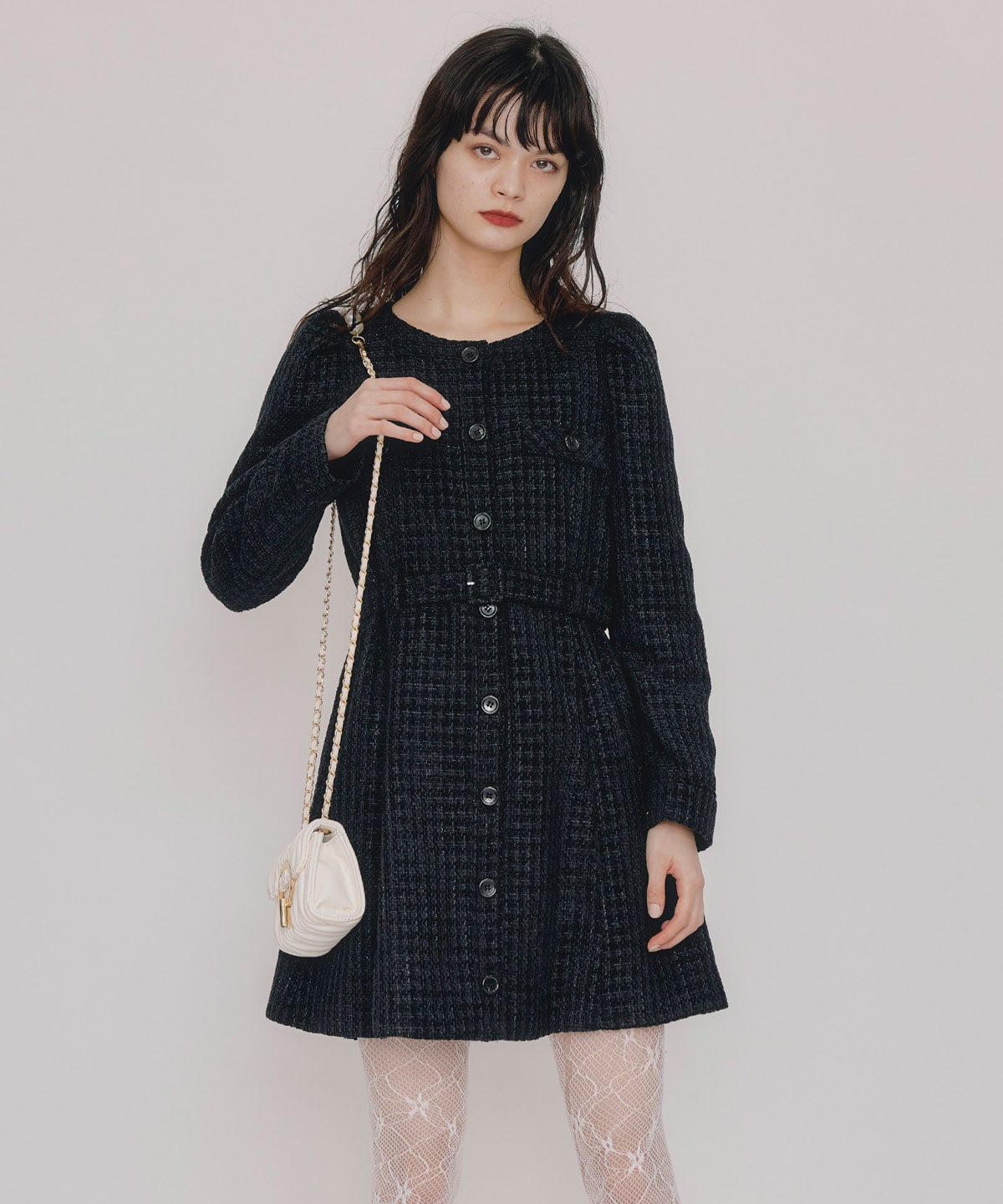 MIXツイードパフスリーブミニワンピース