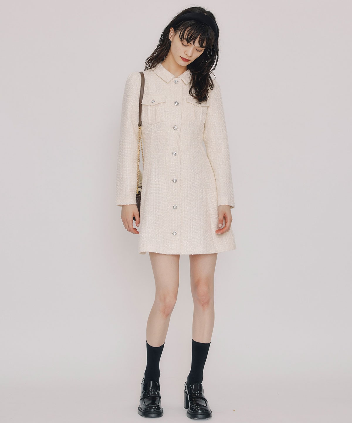 ビジューボタンファンシーツイードシャツミニワンピース
