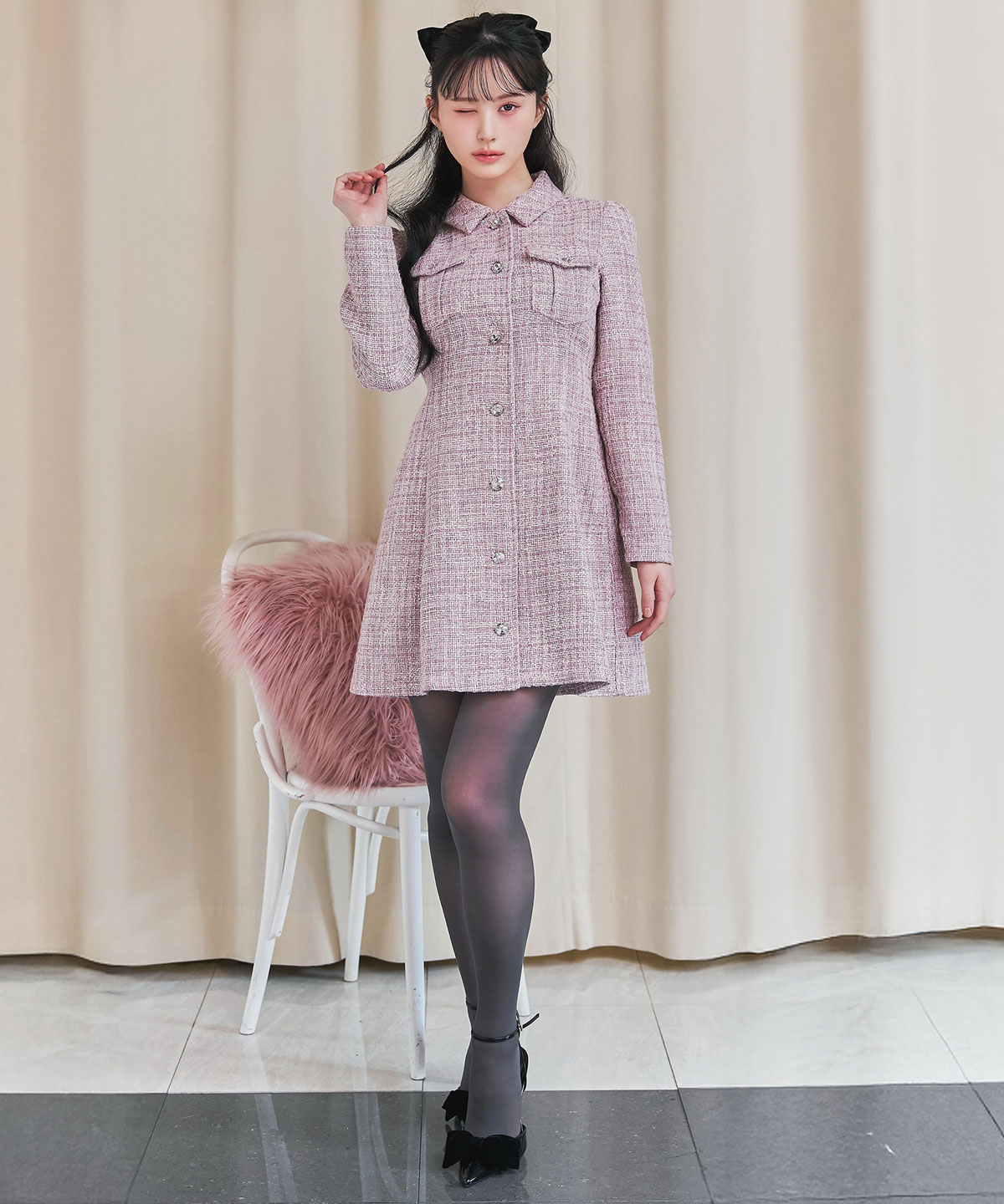 ビジューボタンファンシーツイードシャツミニワンピース