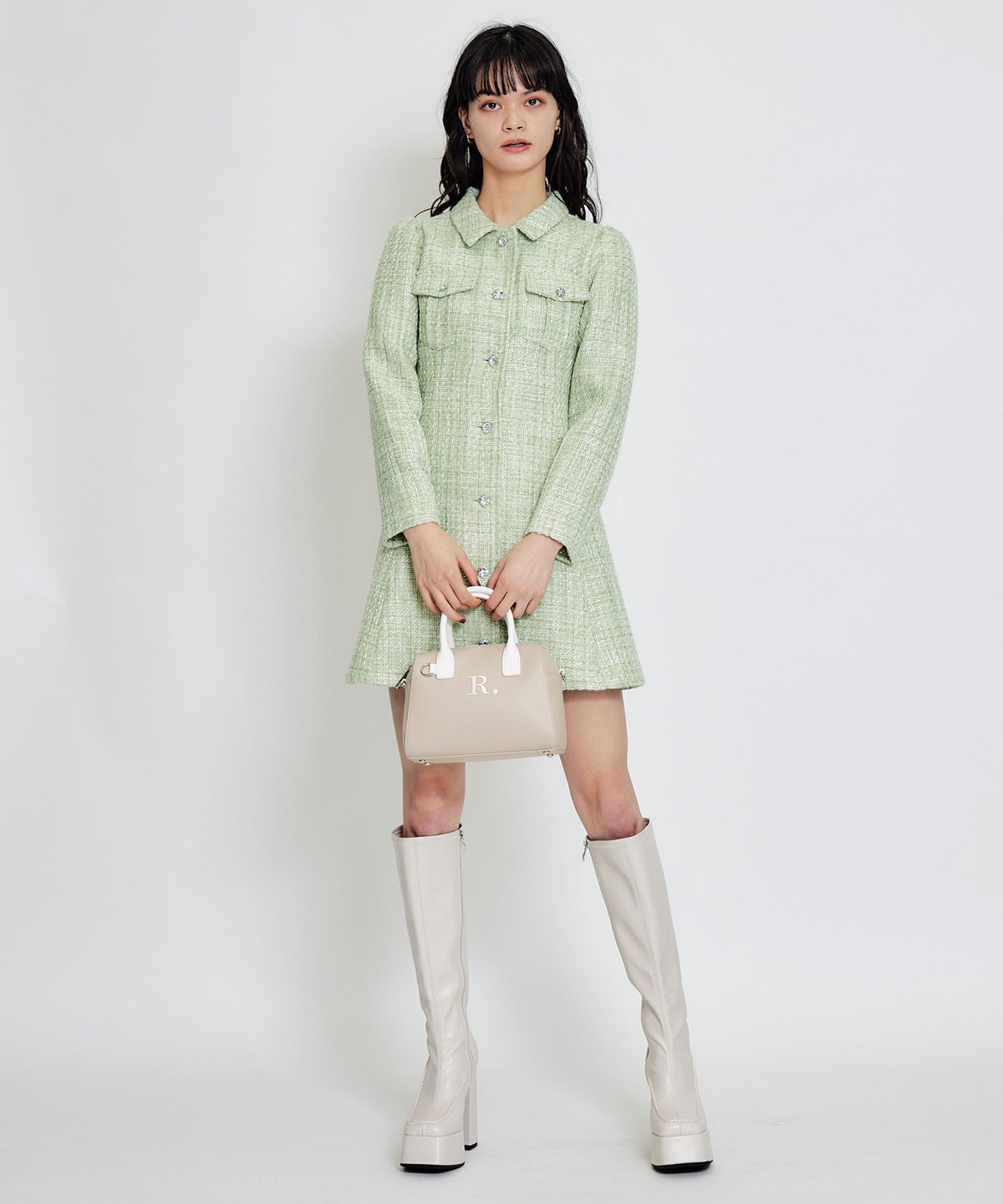 ビジューボタンファンシーツイードシャツミニワンピース