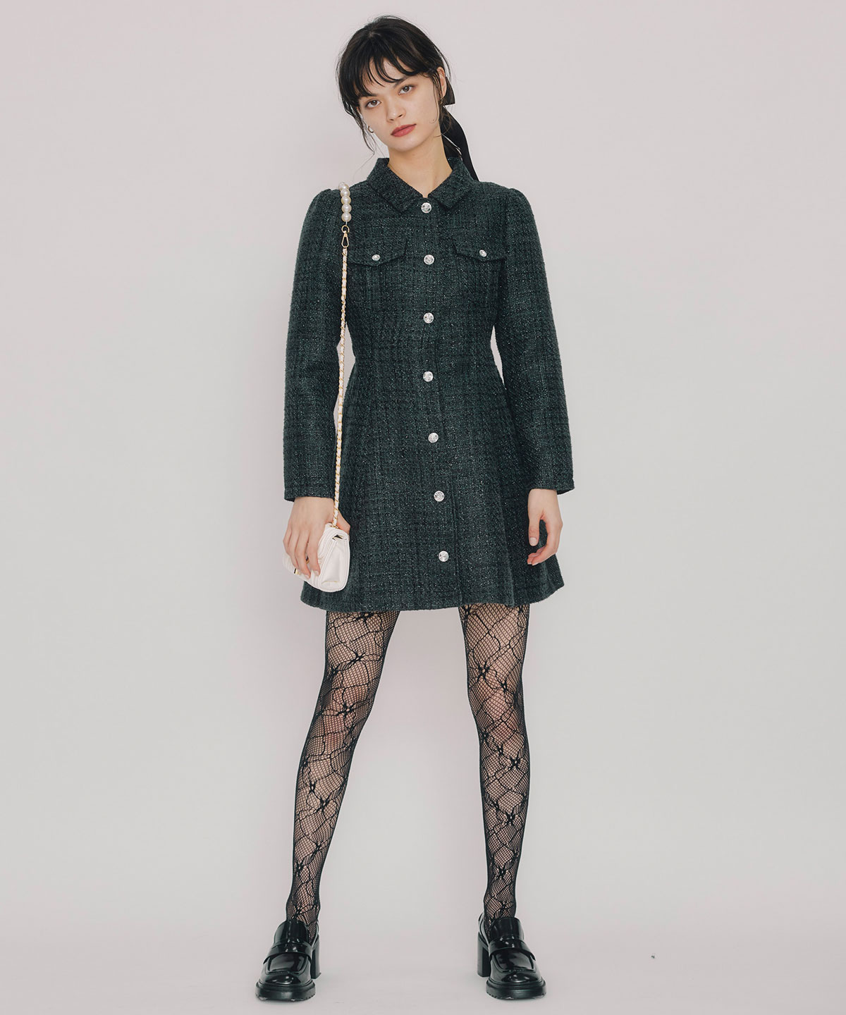 ビジューボタンファンシーツイードシャツミニワンピース