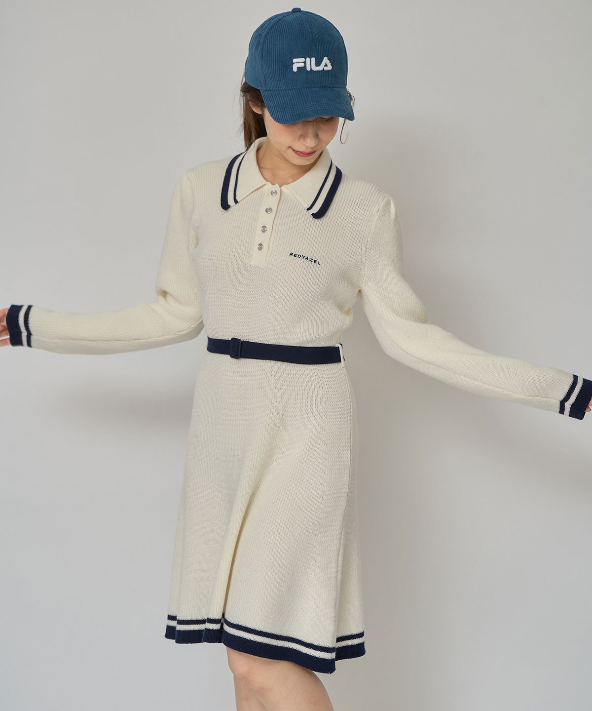 バイカラーポロニットロングスリーブミニワンピース